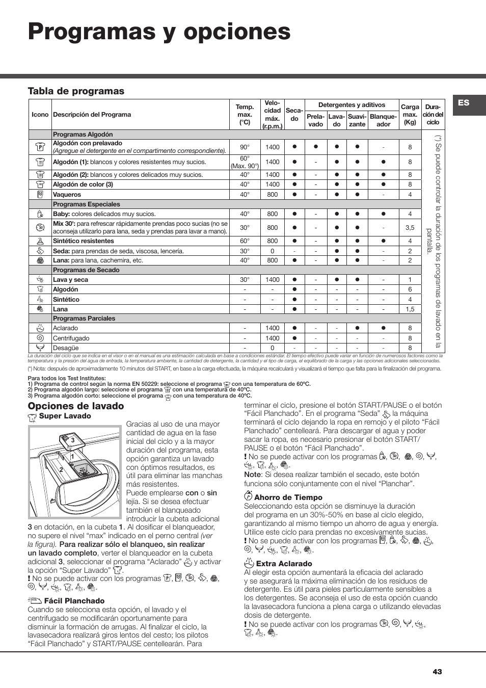 Programas y opciones, Opciones de lavado, Tabla de programas | Hotpoint Ariston AQM8D 49 U (EU)-A.N User Manual | Page 43 / 72