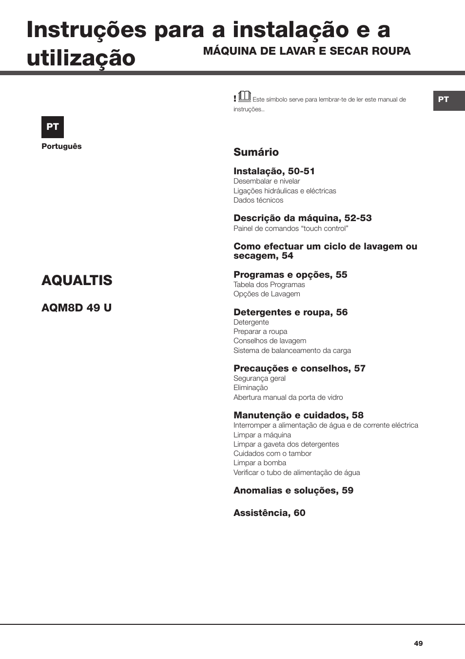 Instruções para a instalação e a utilização, Aqualtis | Hotpoint Ariston AQM8D 49 U (EU)-A.N User Manual | Page 49 / 72