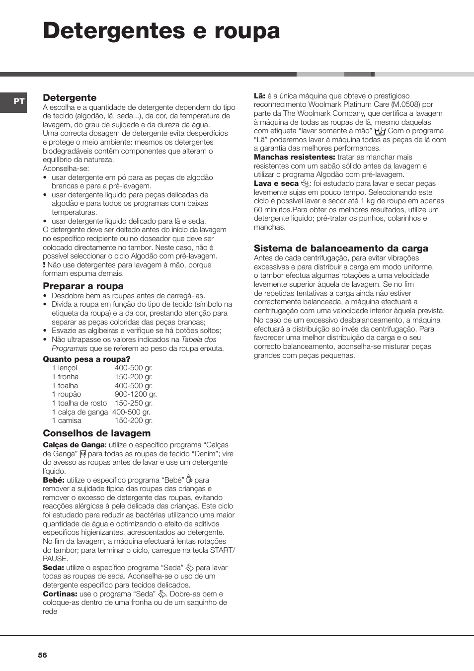 Detergentes e roupa, Detergente, Preparar a roupa | Conselhos de lavagem, Sistema de balanceamento da carga | Hotpoint Ariston AQM8D 49 U (EU)-A.N User Manual | Page 56 / 72