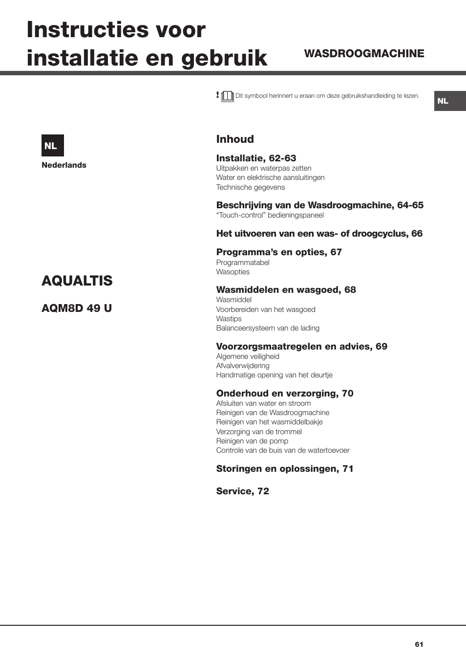 Instructies voor installatie en gebruik, Aqualtis | Hotpoint Ariston AQM8D 49 U (EU)-A.N User Manual | Page 61 / 72