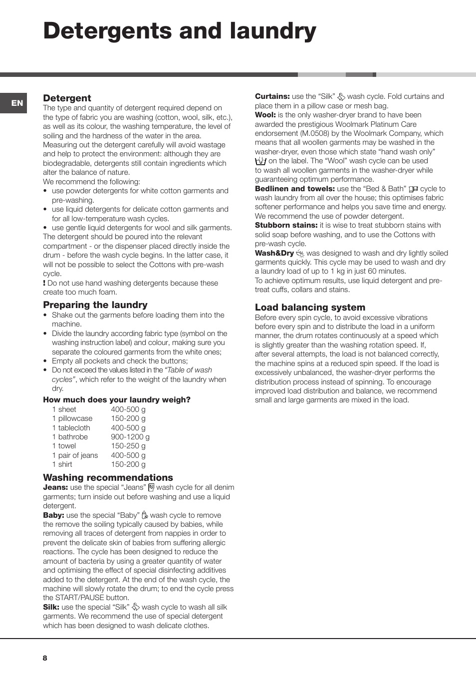 Detergents and laundry | Hotpoint Ariston AQM8D 49 U (EU)-A.N User Manual | Page 8 / 72