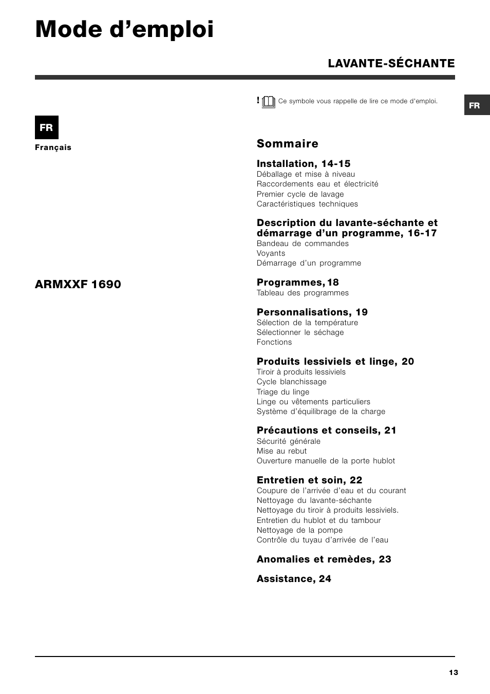 Mode demploi, Sommaire, Armxxf 1690 | Lavante-séchante | Hotpoint Ariston ARMXXF 1690 (EU) User Manual | Page 13 / 72