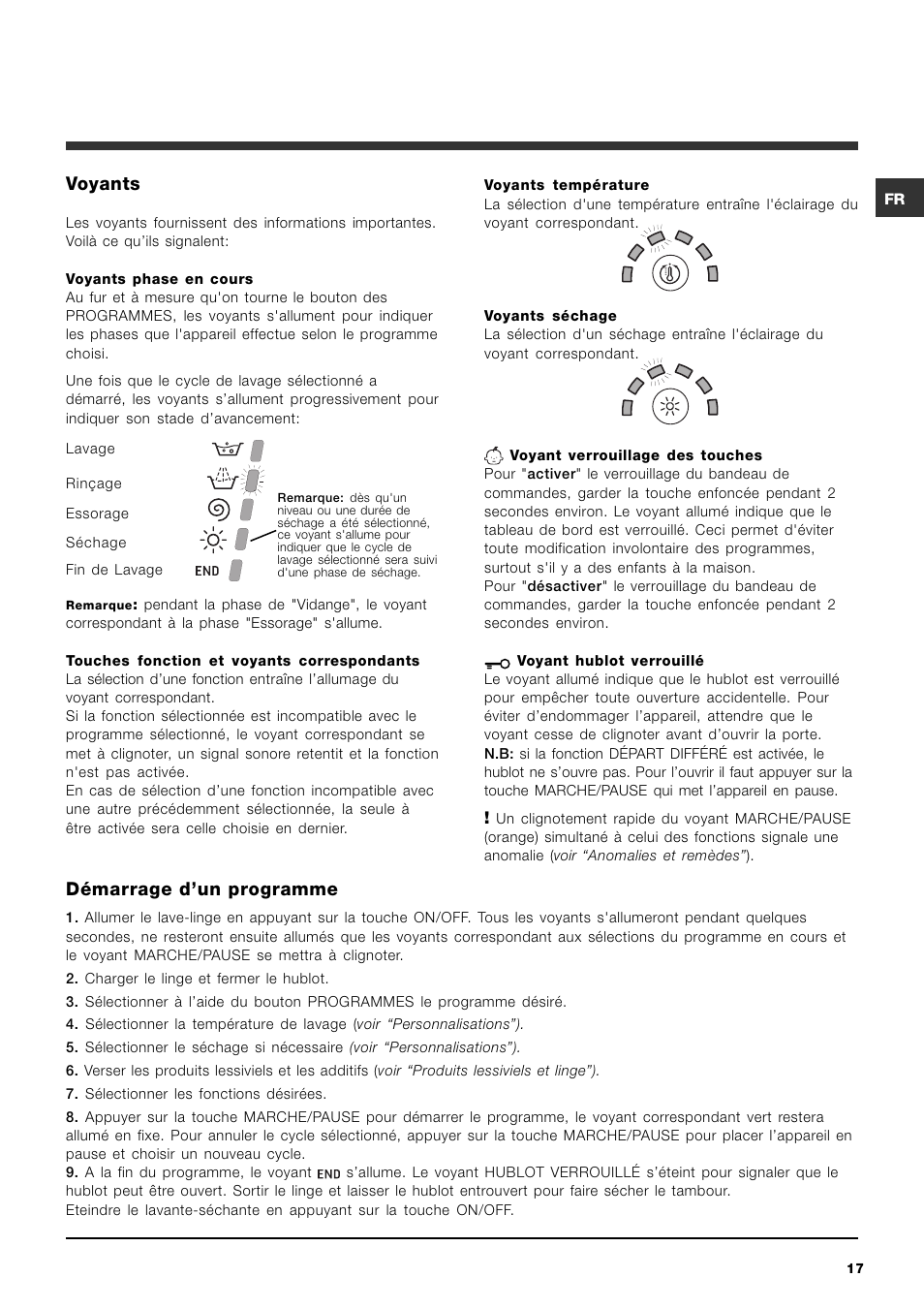 Voyants, Démarrage dun programme | Hotpoint Ariston ARMXXF 1690 (EU) User Manual | Page 17 / 72