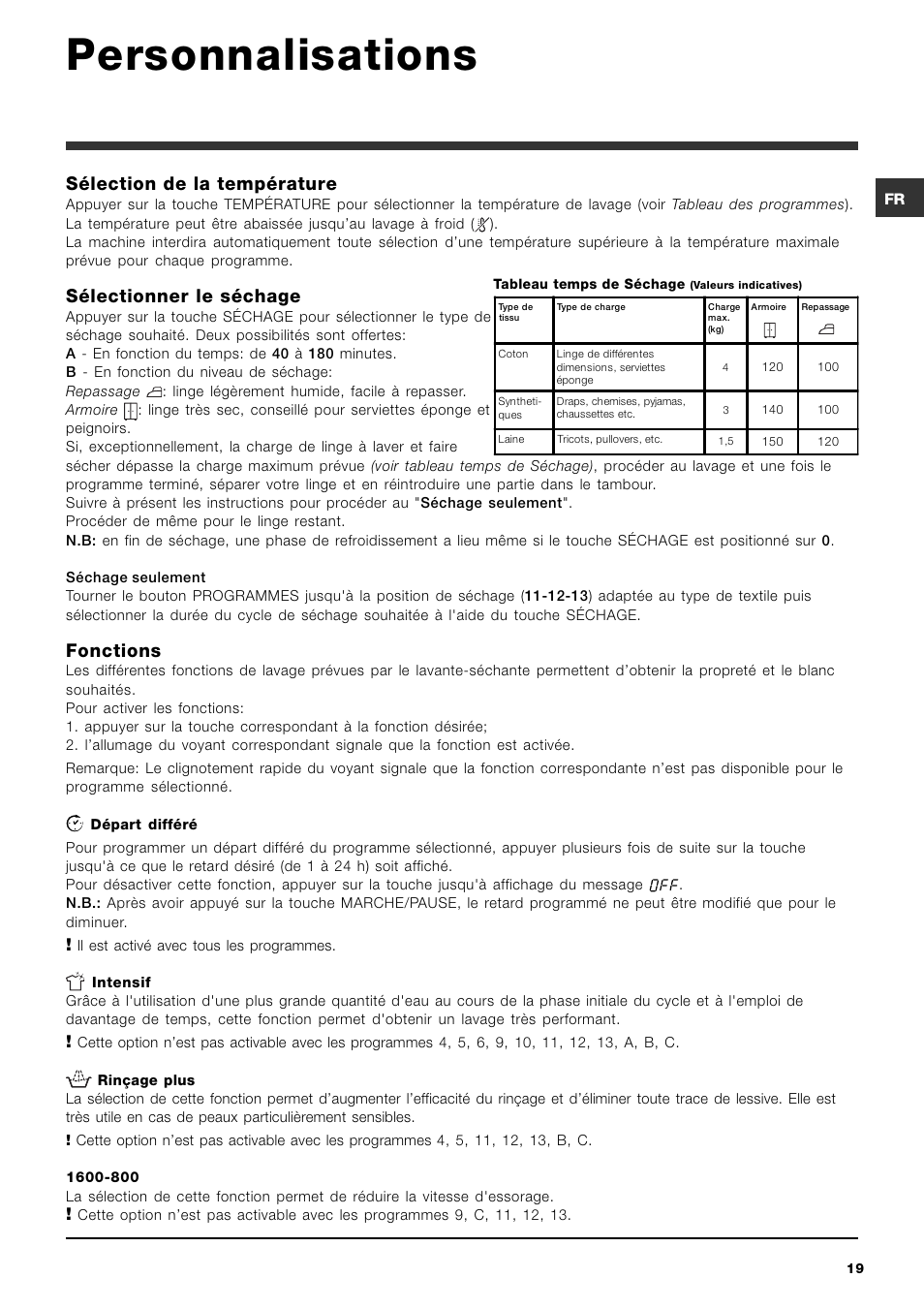 Personnalisations, Sélection de la température, Sélectionner le séchage | Fonctions | Hotpoint Ariston ARMXXF 1690 (EU) User Manual | Page 19 / 72