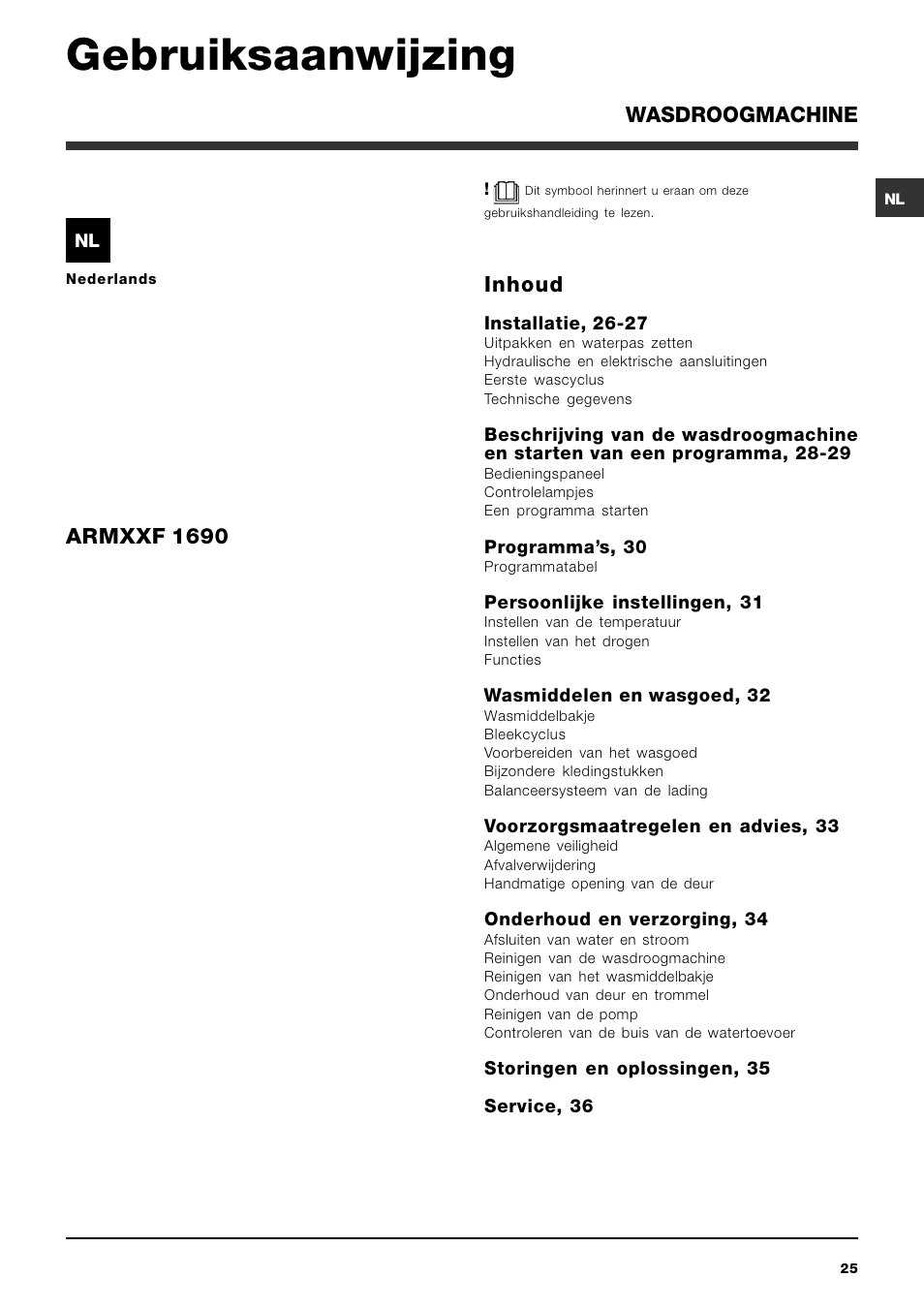 Gebruiksaanwijzing, Inhoud, Armxxf 1690 | Wasdroogmachine | Hotpoint Ariston ARMXXF 1690 (EU) User Manual | Page 25 / 72