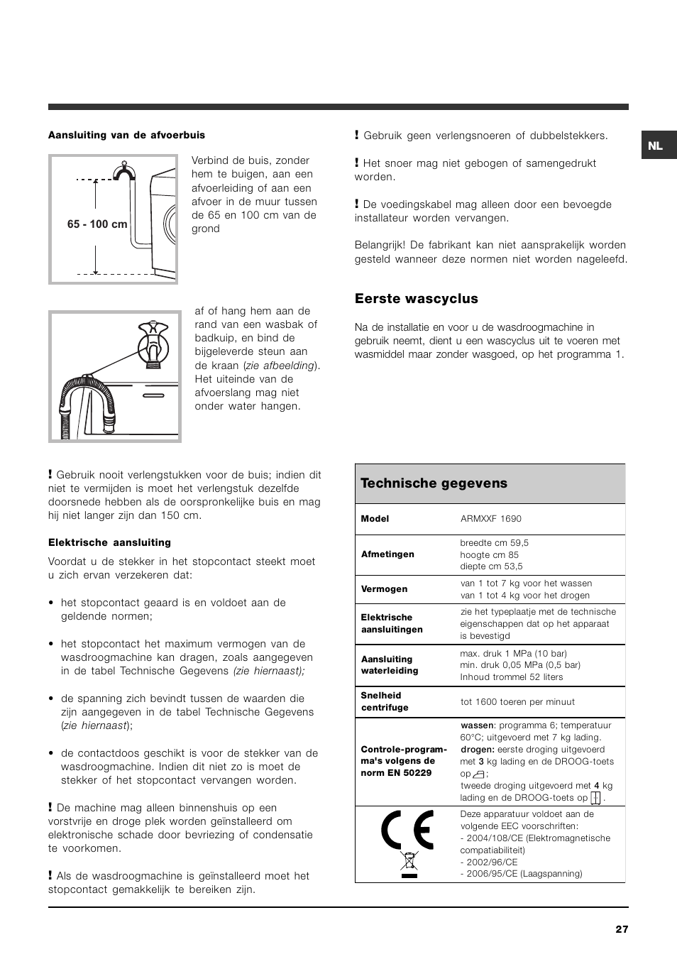 Technische gegevens, Eerste wascyclus | Hotpoint Ariston ARMXXF 1690 (EU) User Manual | Page 27 / 72