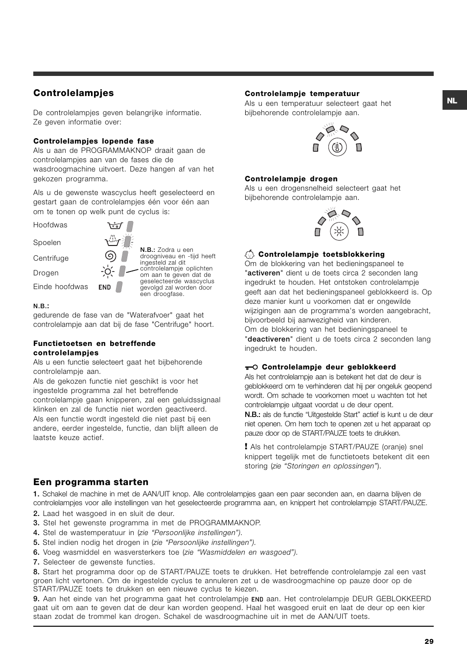 Controlelampjes, Een programma starten | Hotpoint Ariston ARMXXF 1690 (EU) User Manual | Page 29 / 72