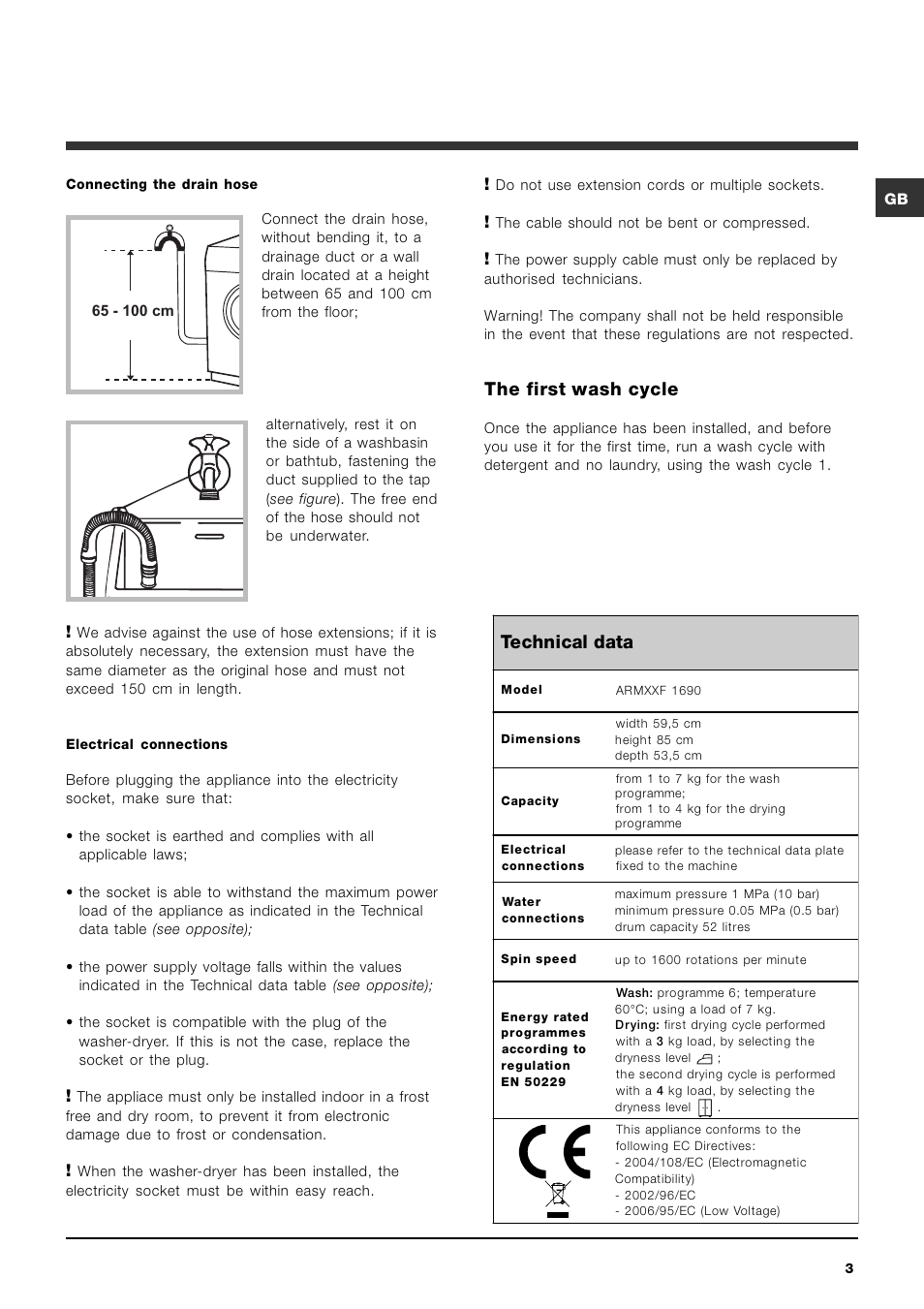 Technical data, The first wash cycle | Hotpoint Ariston ARMXXF 1690 (EU) User Manual | Page 3 / 72