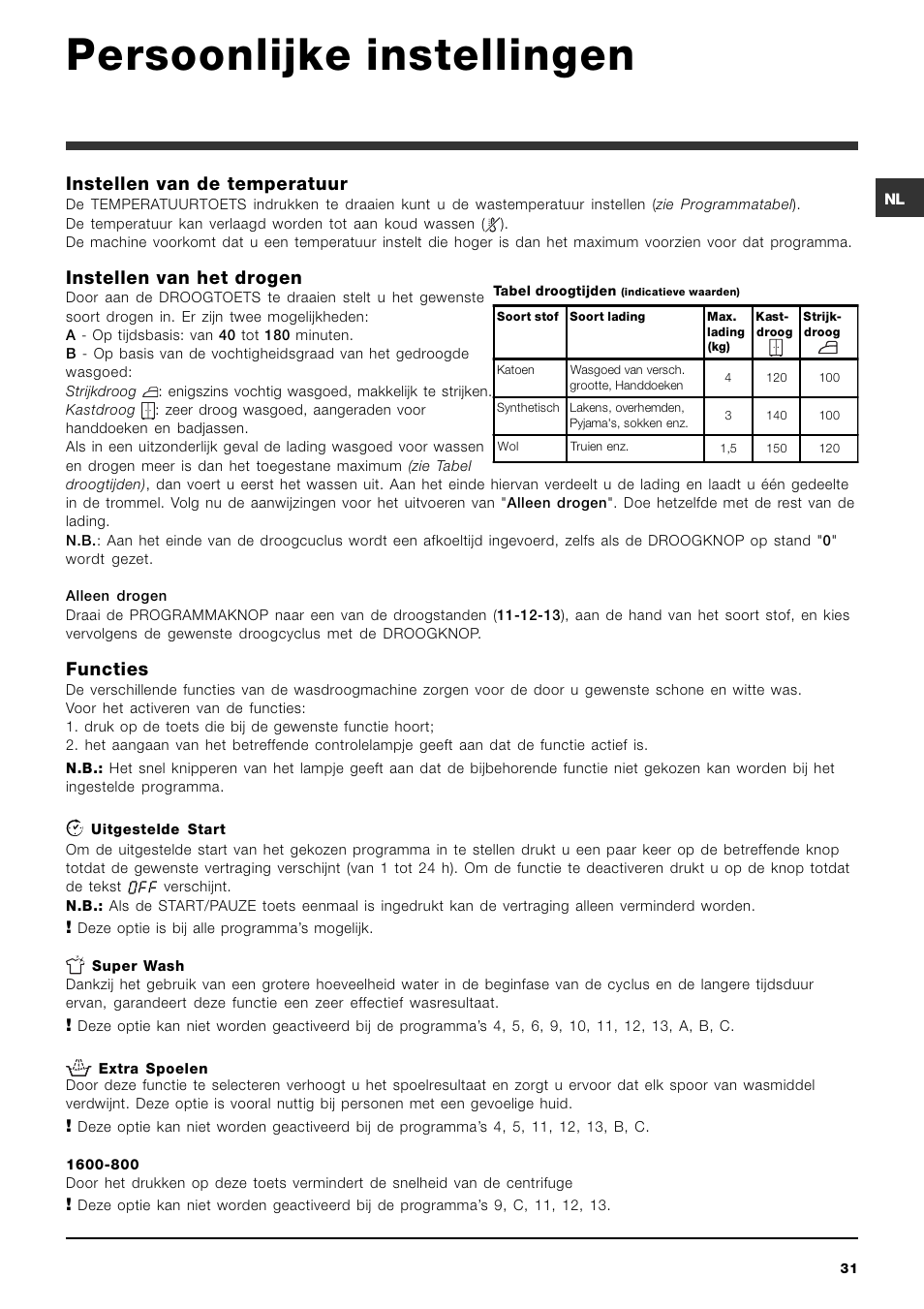 Persoonlijke instellingen, Instellen van de temperatuur, Instellen van het drogen | Functies | Hotpoint Ariston ARMXXF 1690 (EU) User Manual | Page 31 / 72