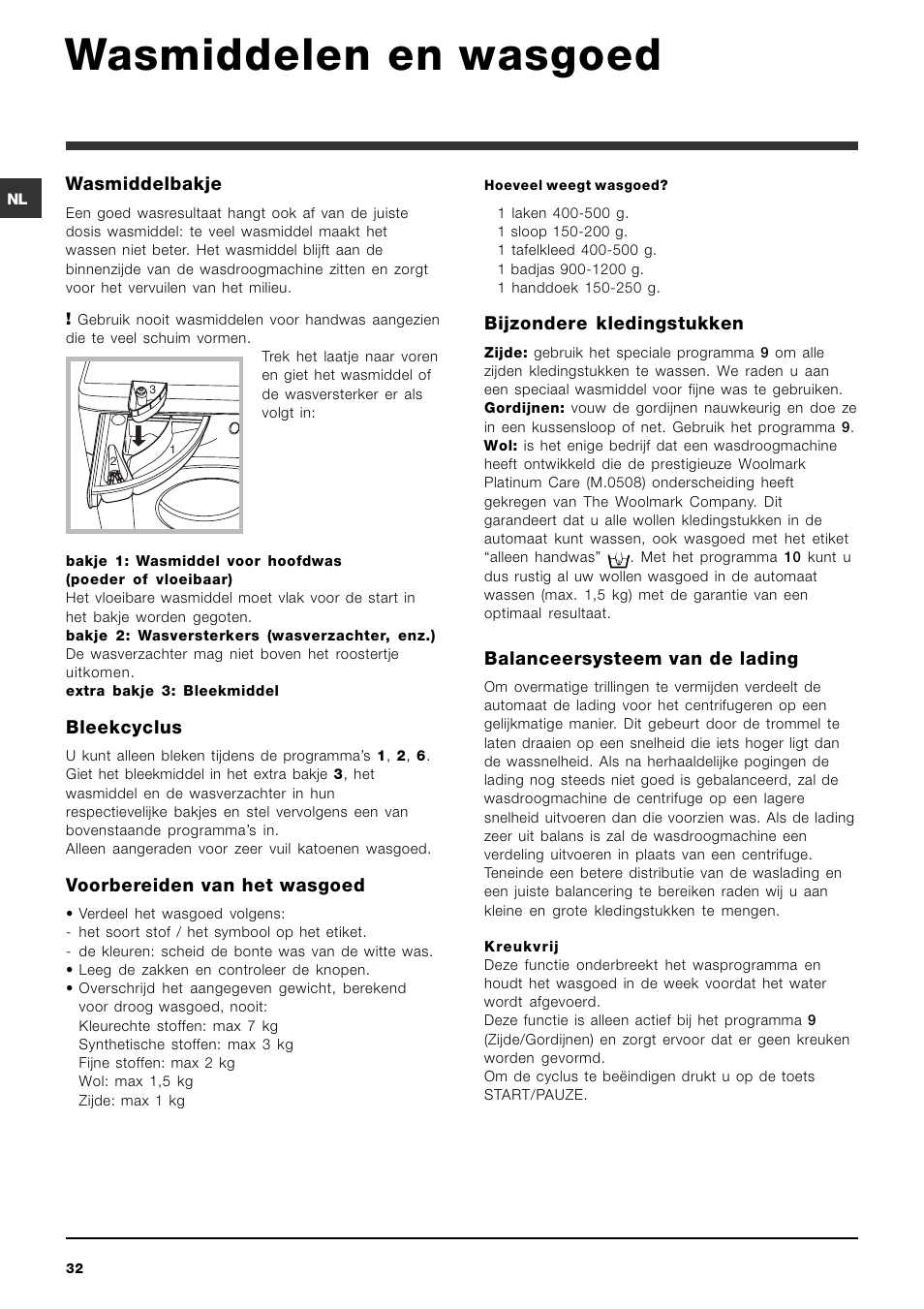 Wasmiddelen en wasgoed, Wasmiddelbakje, Bleekcyclus | Voorbereiden van het wasgoed, Bijzondere kledingstukken, Balanceersysteem van de lading | Hotpoint Ariston ARMXXF 1690 (EU) User Manual | Page 32 / 72