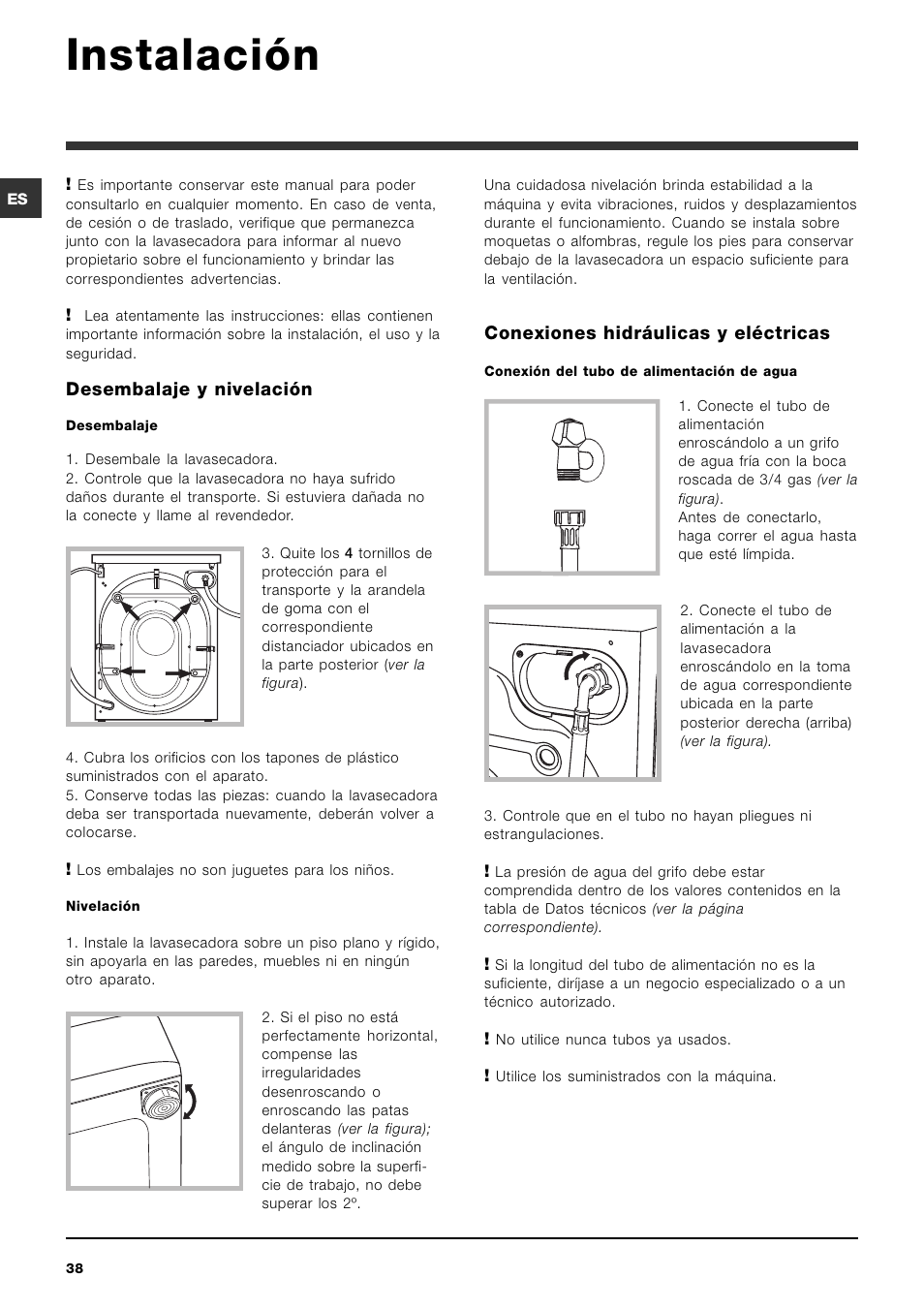 Instalación, Desembalaje y nivelación, Conexiones hidráulicas y eléctricas | Hotpoint Ariston ARMXXF 1690 (EU) User Manual | Page 38 / 72