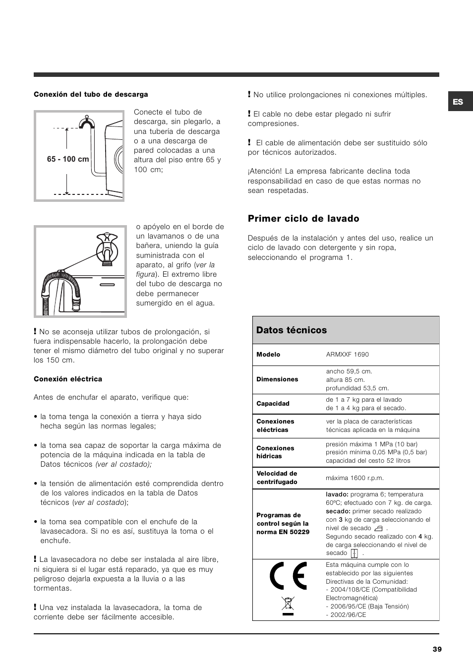 Primer ciclo de lavado, Datos técnicos | Hotpoint Ariston ARMXXF 1690 (EU) User Manual | Page 39 / 72