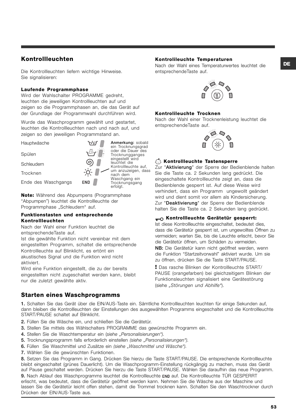 Starten eines waschprogramms, Kontrollleuchten | Hotpoint Ariston ARMXXF 1690 (EU) User Manual | Page 53 / 72