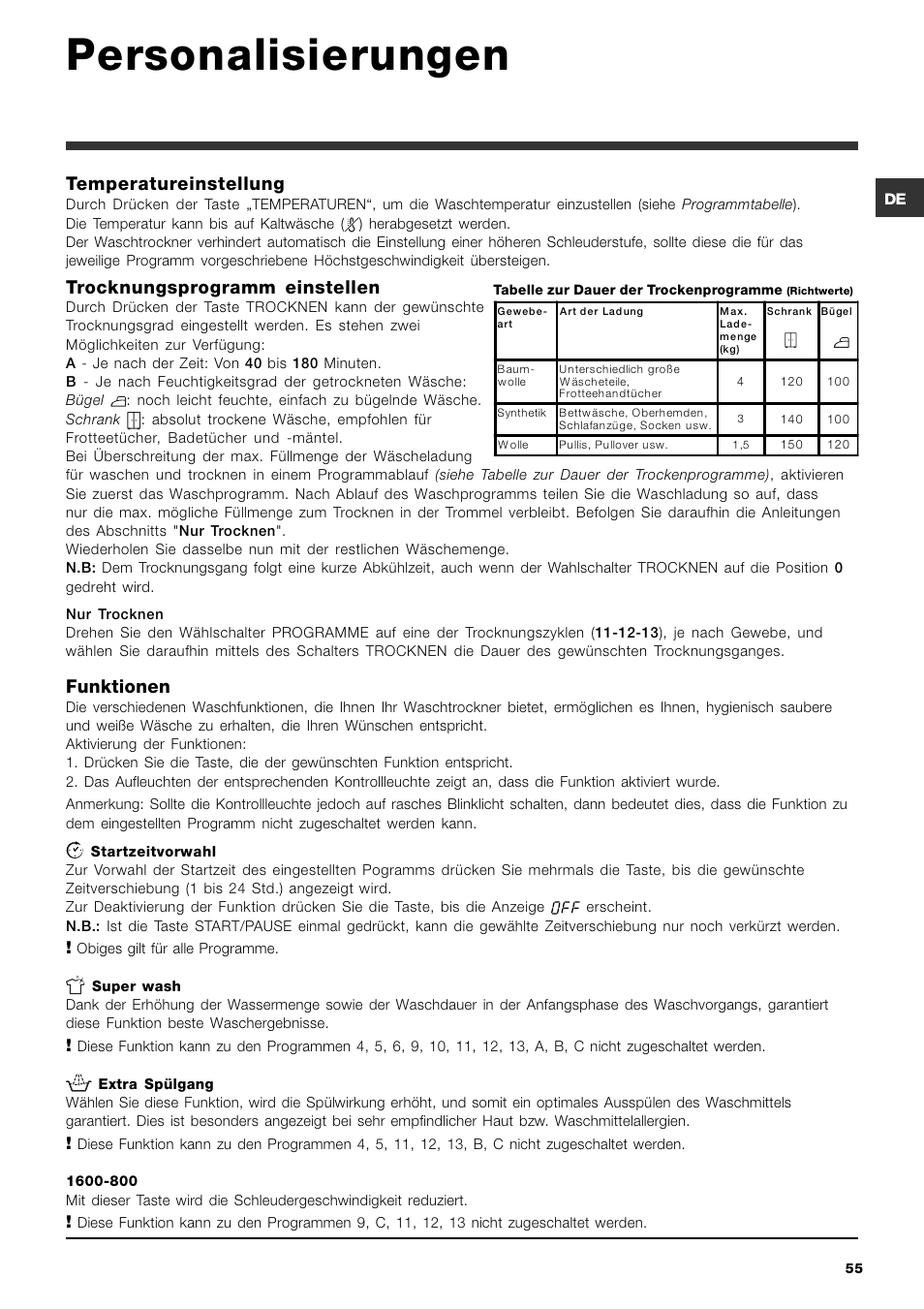 Personalisierungen, Temperatureinstellung, Trocknungsprogramm einstellen | Funktionen | Hotpoint Ariston ARMXXF 1690 (EU) User Manual | Page 55 / 72