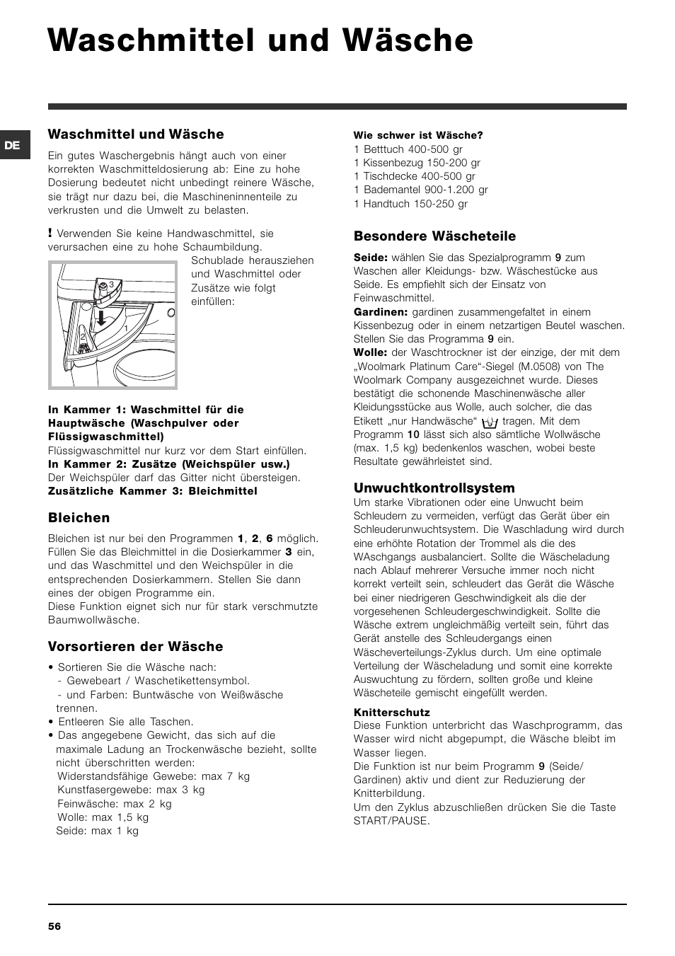 Waschmittel und wäsche, Bleichen, Vorsortieren der wäsche | Besondere wäscheteile, Unwuchtkontrollsystem | Hotpoint Ariston ARMXXF 1690 (EU) User Manual | Page 56 / 72