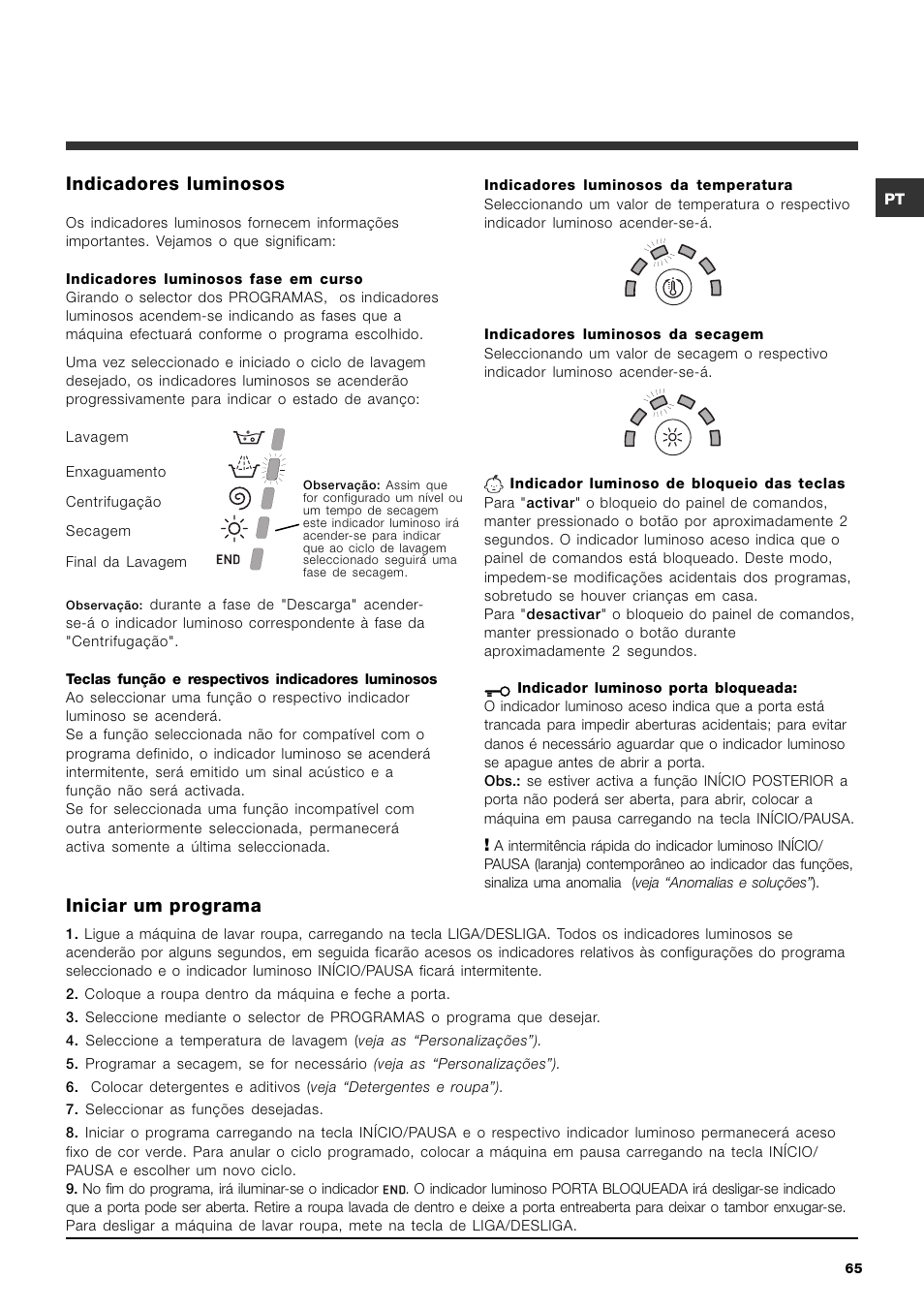 Indicadores luminosos, Iniciar um programa | Hotpoint Ariston ARMXXF 1690 (EU) User Manual | Page 65 / 72