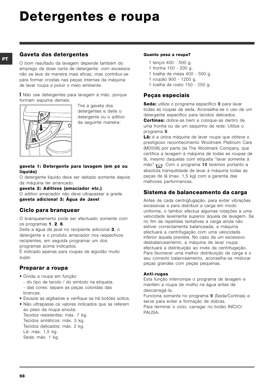 Detergentes e roupa, Gaveta dos detergentes, Ciclo para branquear | Preparar a roupa, Peças especiais, Sistema de balanceamento da carga | Hotpoint Ariston ARMXXF 1690 (EU) User Manual | Page 68 / 72