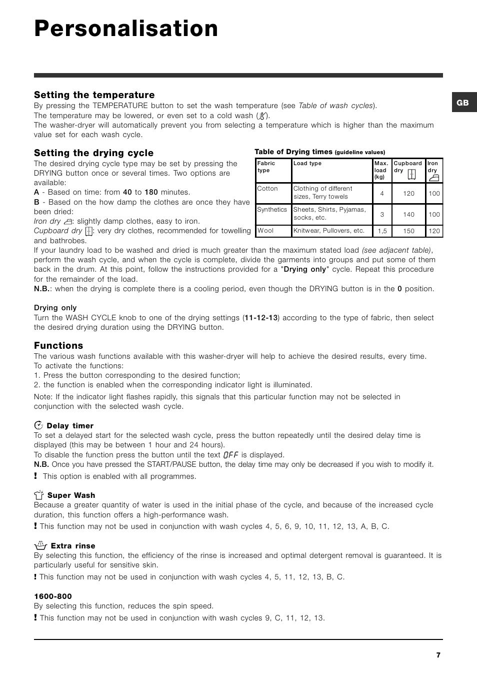 Personalisation, Setting the temperature, Setting the drying cycle | Functions | Hotpoint Ariston ARMXXF 1690 (EU) User Manual | Page 7 / 72