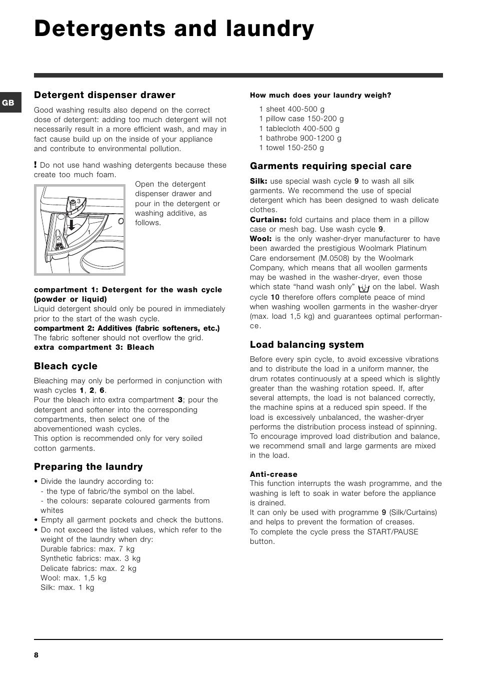 Detergents and laundry, Detergent dispenser drawer, Bleach cycle | Preparing the laundry, Garments requiring special care, Load balancing system | Hotpoint Ariston ARMXXF 1690 (EU) User Manual | Page 8 / 72