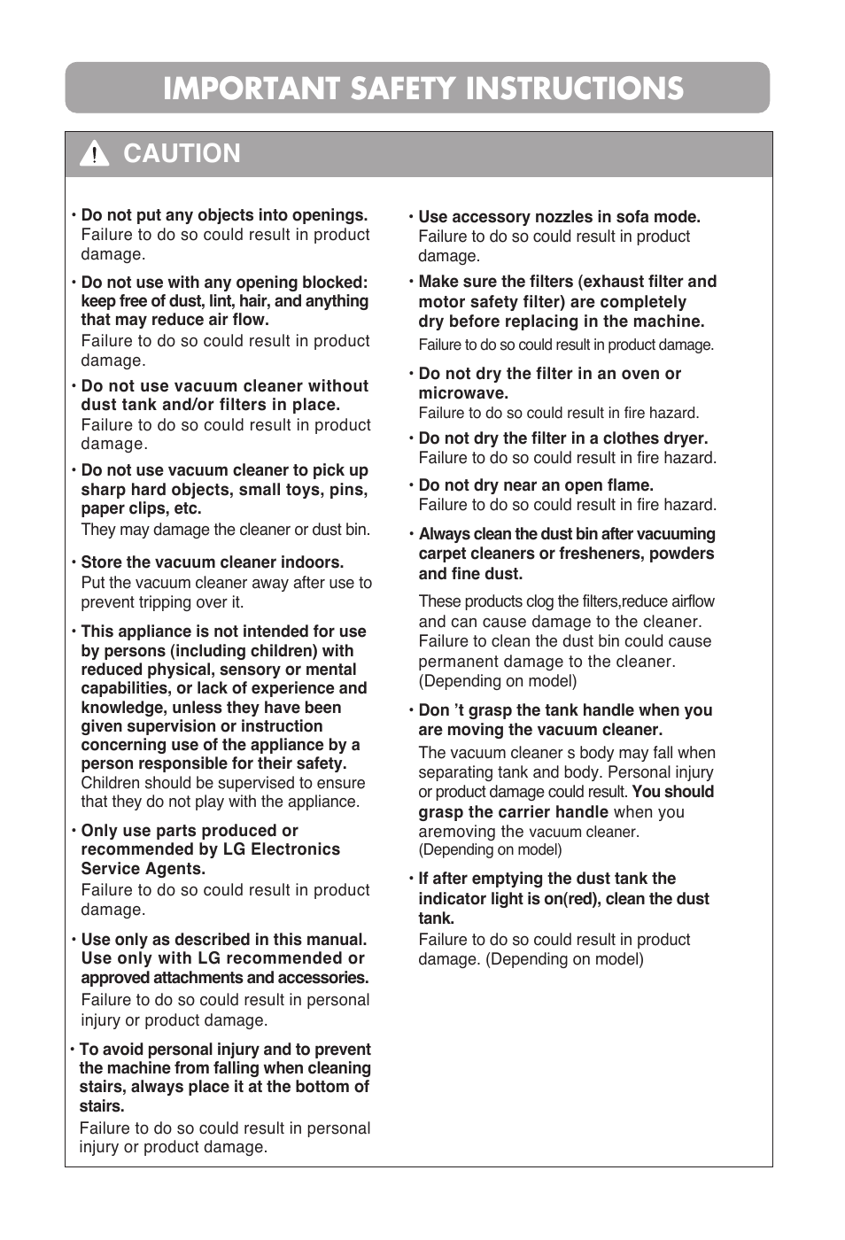 Important safety instructions, Caution | LG VC48121SQ User Manual | Page 7 / 29
