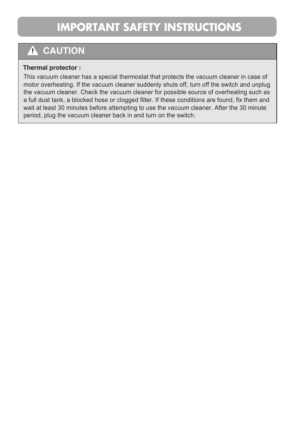 Important safety instructions, Caution | LG VC48121SQ User Manual | Page 8 / 29