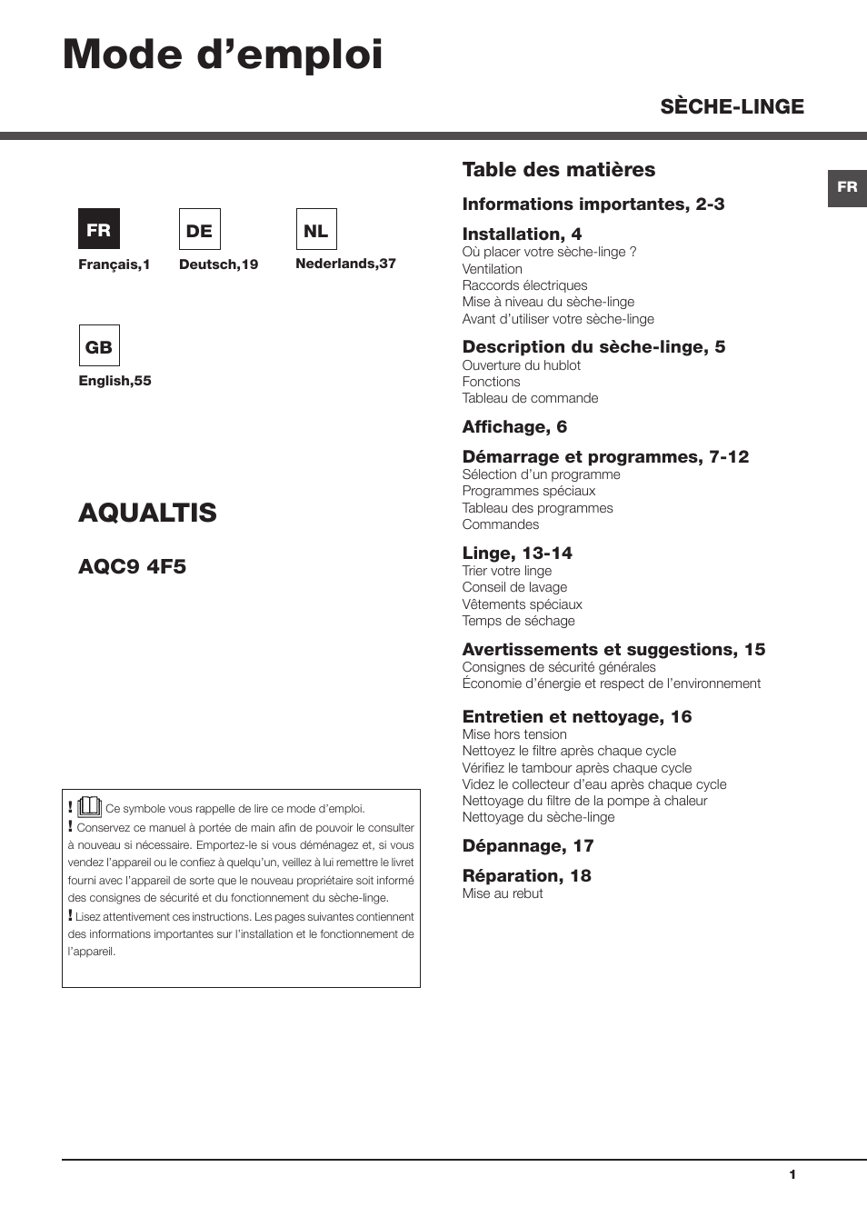 Hotpoint Ariston AQC9 4F5 T-Z1 (EU) User Manual | 72 pages