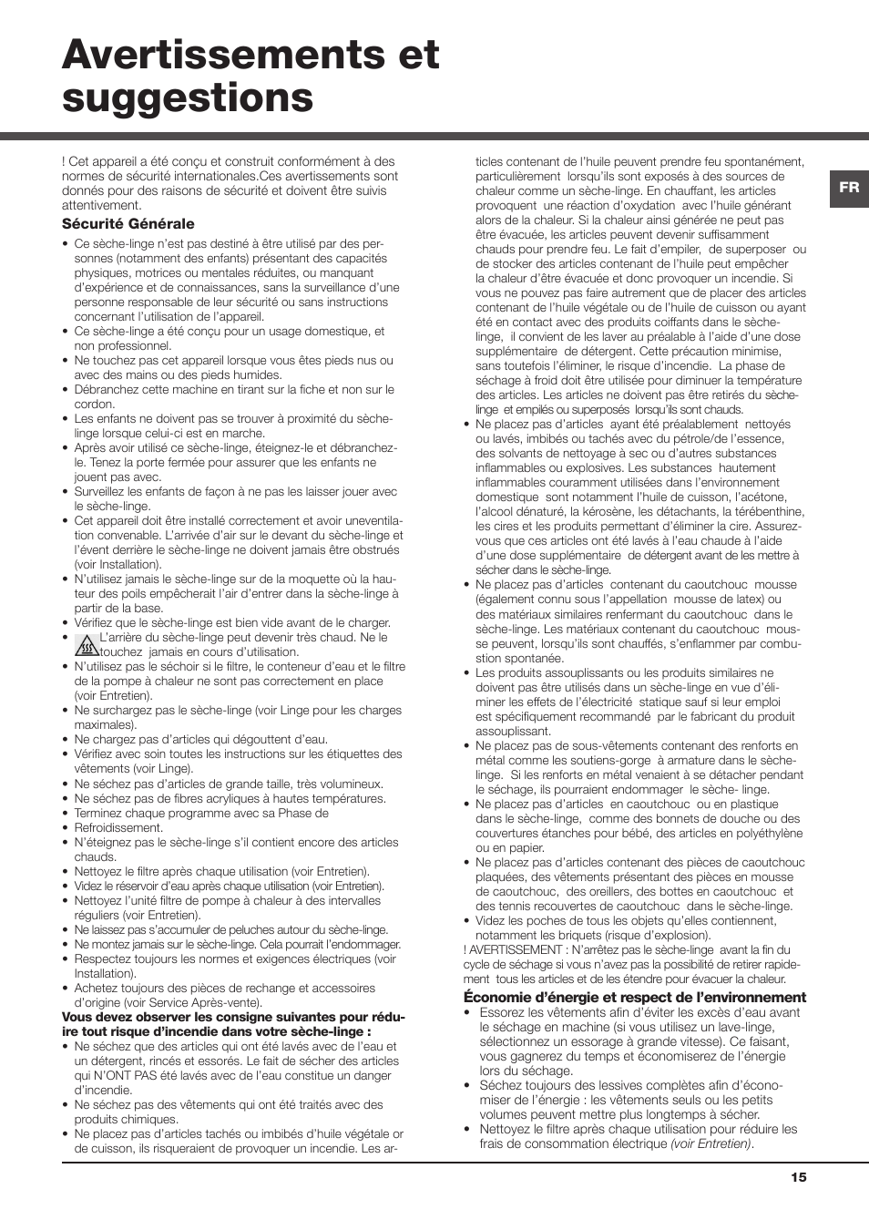 Avertissements et suggestions | Hotpoint Ariston AQC9 4F5 T-Z1 (EU) User Manual | Page 15 / 72