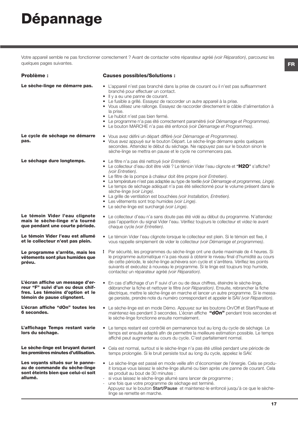 Dépannage | Hotpoint Ariston AQC9 4F5 T-Z1 (EU) User Manual | Page 17 / 72