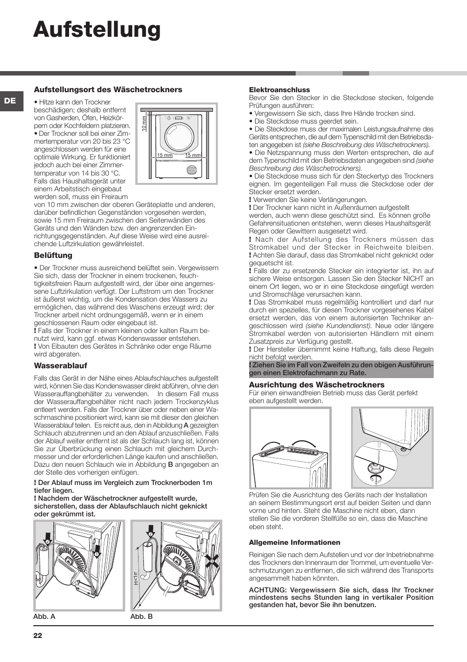 Aufstellung | Hotpoint Ariston AQC9 4F5 T-Z1 (EU) User Manual | Page 22 / 72