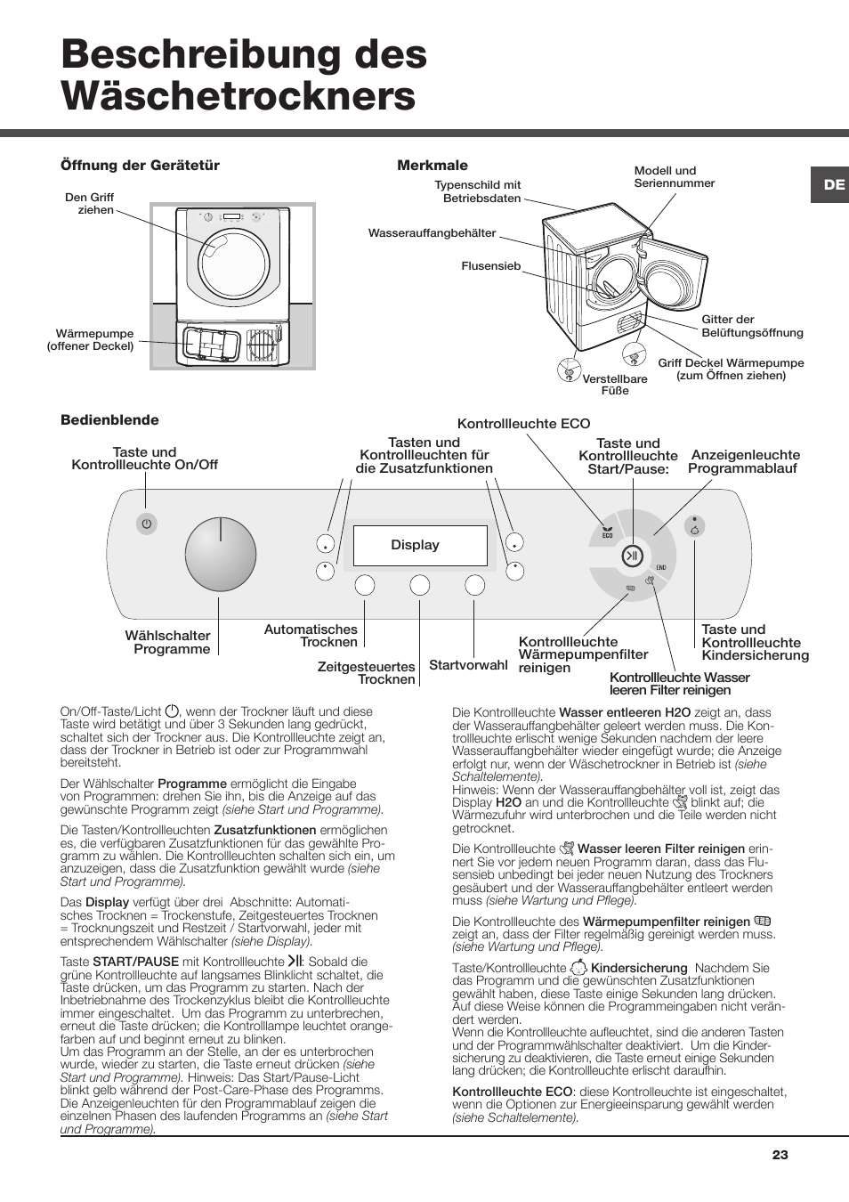 Beschreibung des wäschetrockners | Hotpoint Ariston AQC9 4F5 T-Z1 (EU) User Manual | Page 23 / 72