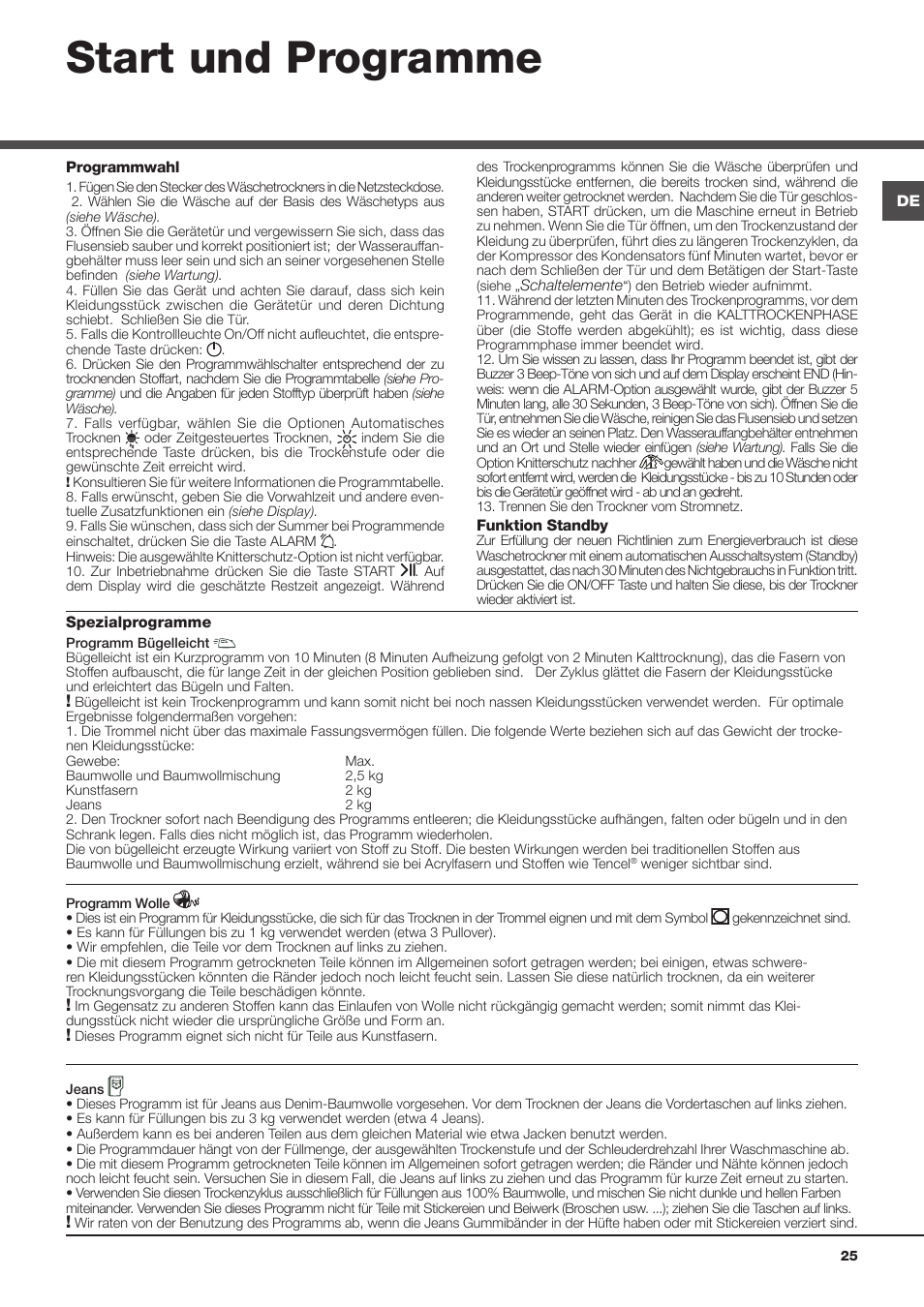 Start und programme | Hotpoint Ariston AQC9 4F5 T-Z1 (EU) User Manual | Page 25 / 72