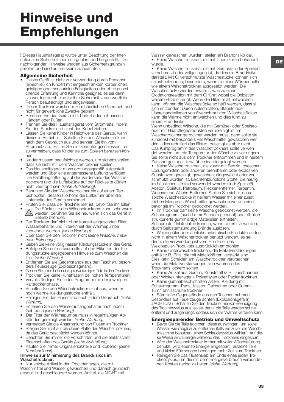 Hinweise und empfehlungen | Hotpoint Ariston AQC9 4F5 T-Z1 (EU) User Manual | Page 33 / 72