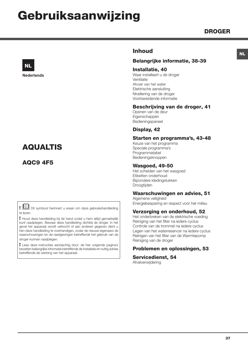 Gebruiksaanwijzing, Aqualtis, Inhoud | Aqc9 4f5, Droger | Hotpoint Ariston AQC9 4F5 T-Z1 (EU) User Manual | Page 37 / 72