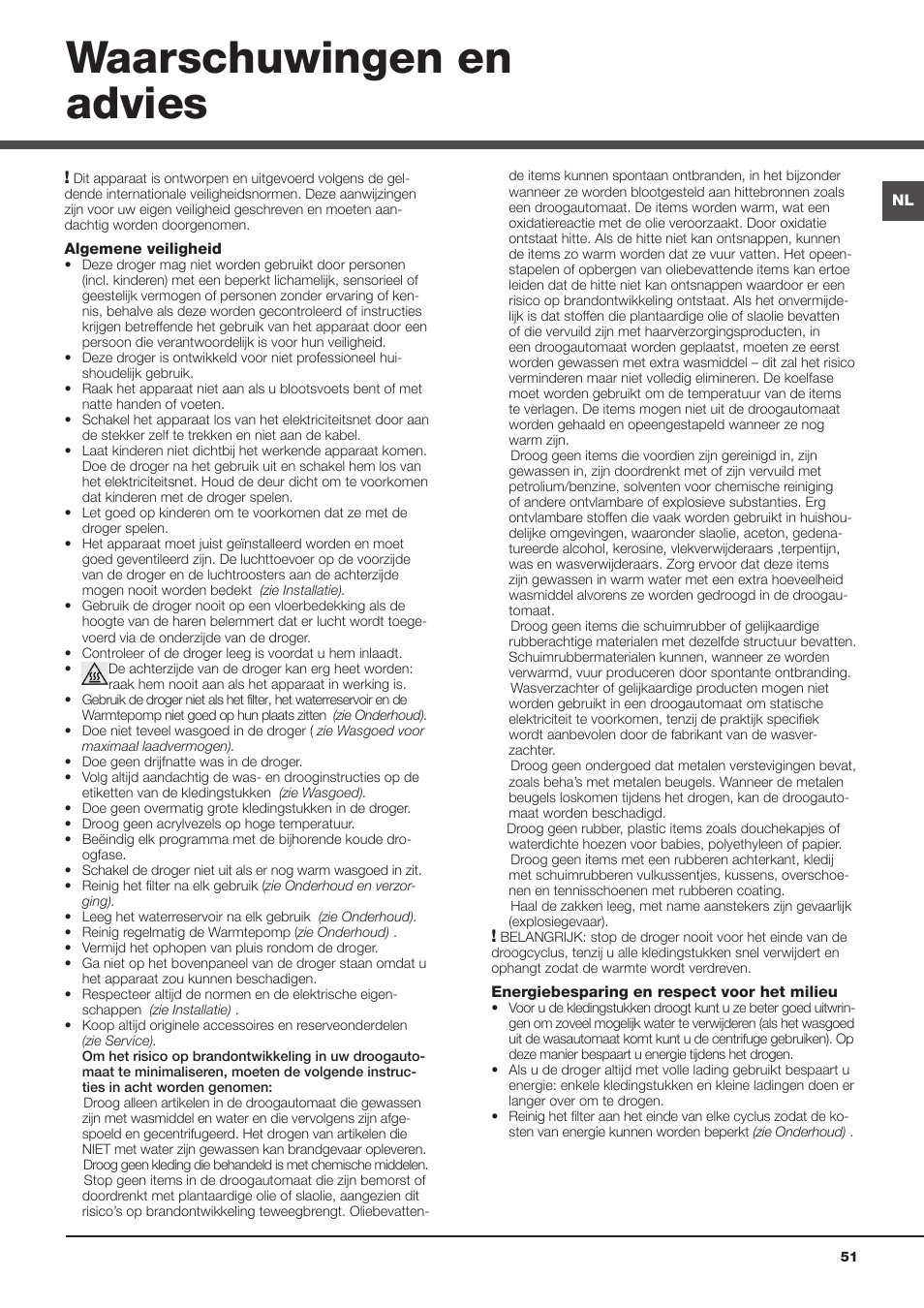 Waarschuwingen en advies | Hotpoint Ariston AQC9 4F5 T-Z1 (EU) User Manual | Page 51 / 72