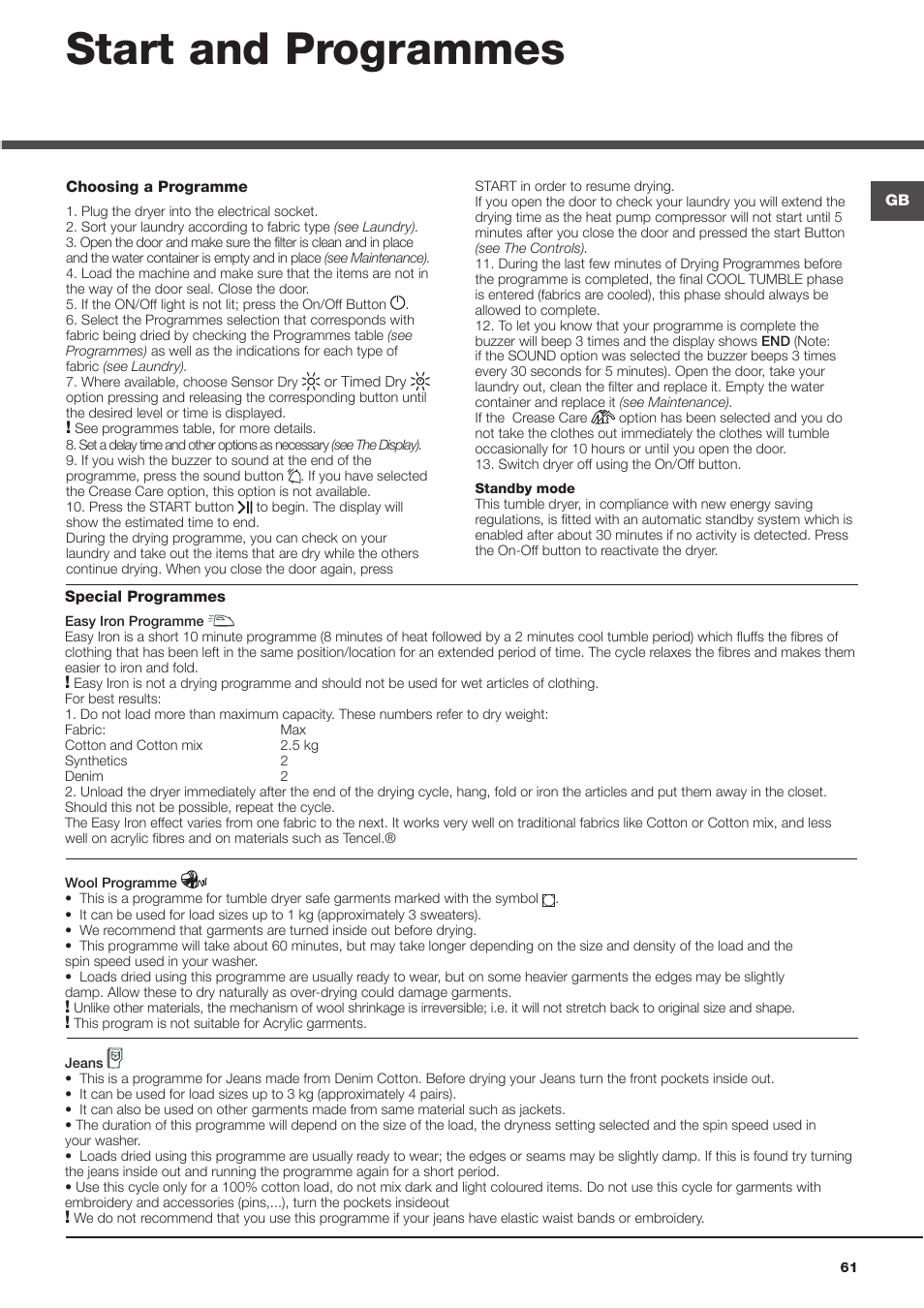 Start and programmes | Hotpoint Ariston AQC9 4F5 T-Z1 (EU) User Manual | Page 61 / 72