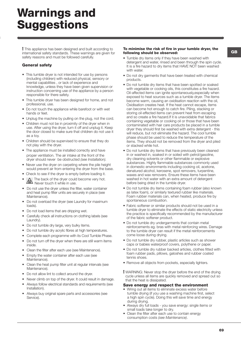 Warnings and suggestions | Hotpoint Ariston AQC9 4F5 T-Z1 (EU) User Manual | Page 69 / 72