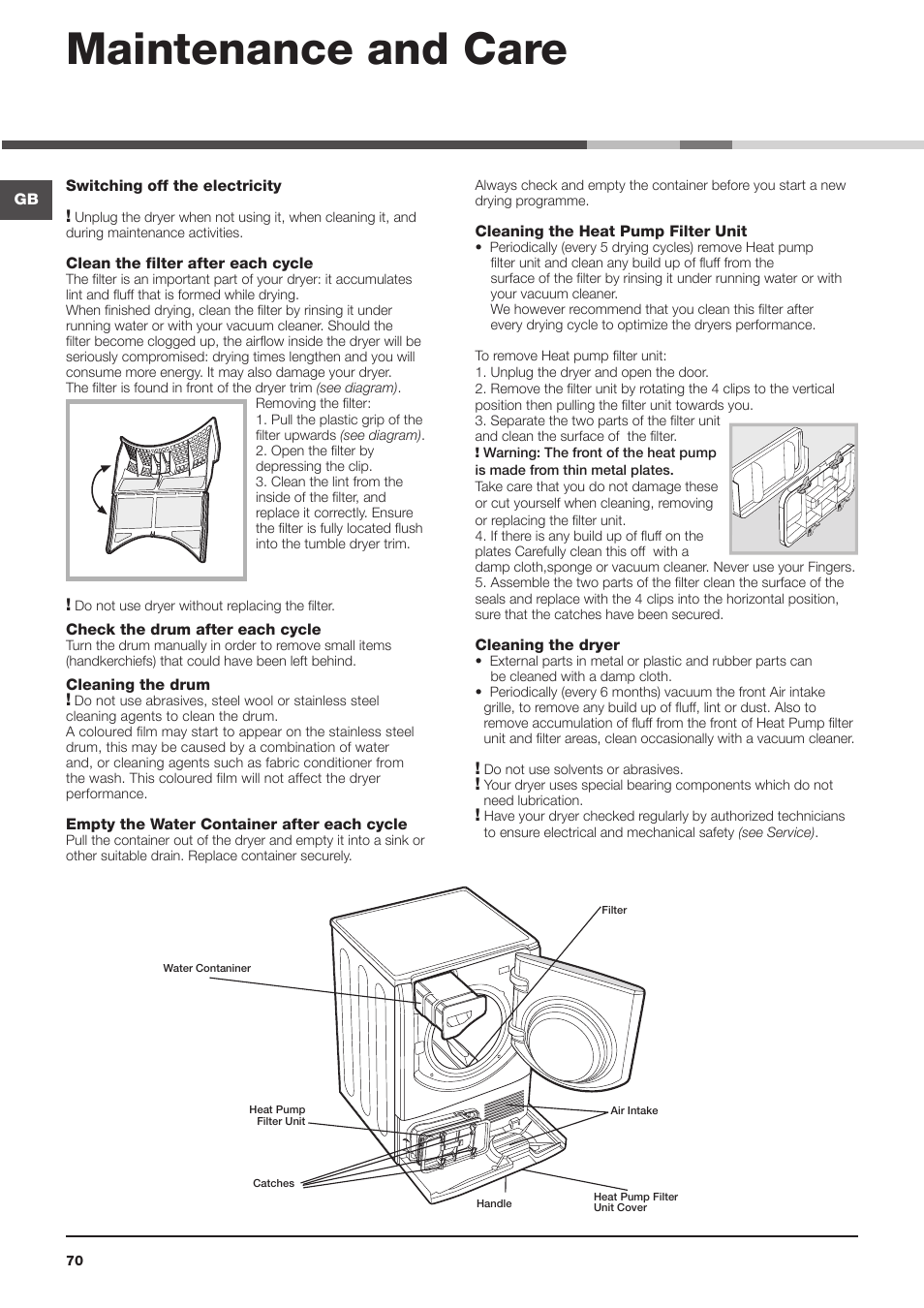 Maintenance and care | Hotpoint Ariston AQC9 4F5 T-Z1 (EU) User Manual | Page 70 / 72