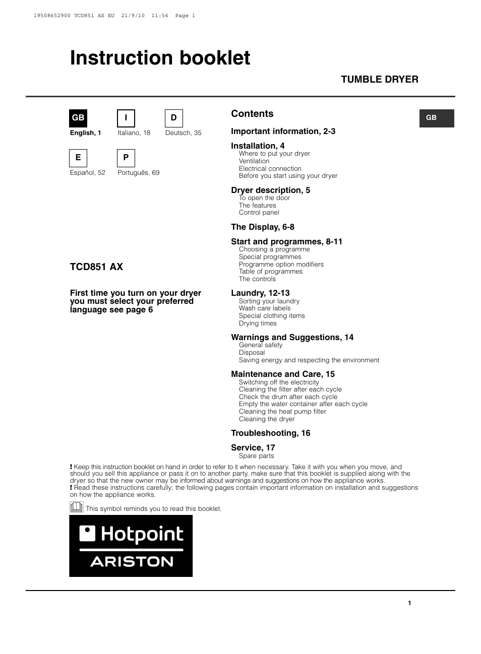 Hotpoint Ariston TCD 851 AX User Manual | 88 pages