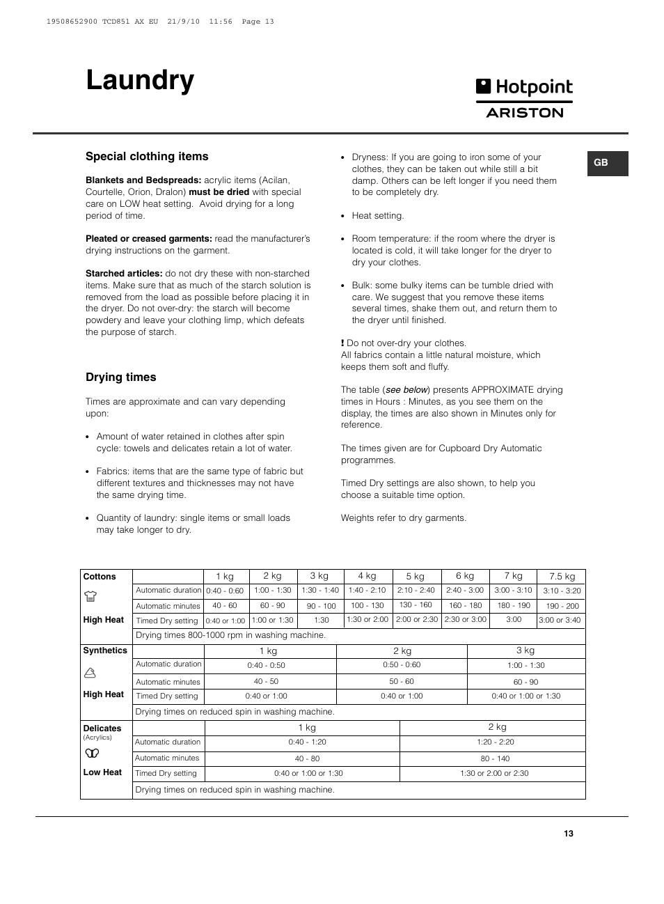 Laundry, Special clothing items, Drying times | Hotpoint Ariston TCD 851 AX User Manual | Page 13 / 88