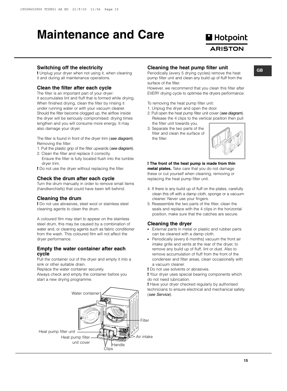 Maintenance and care | Hotpoint Ariston TCD 851 AX User Manual | Page 15 / 88