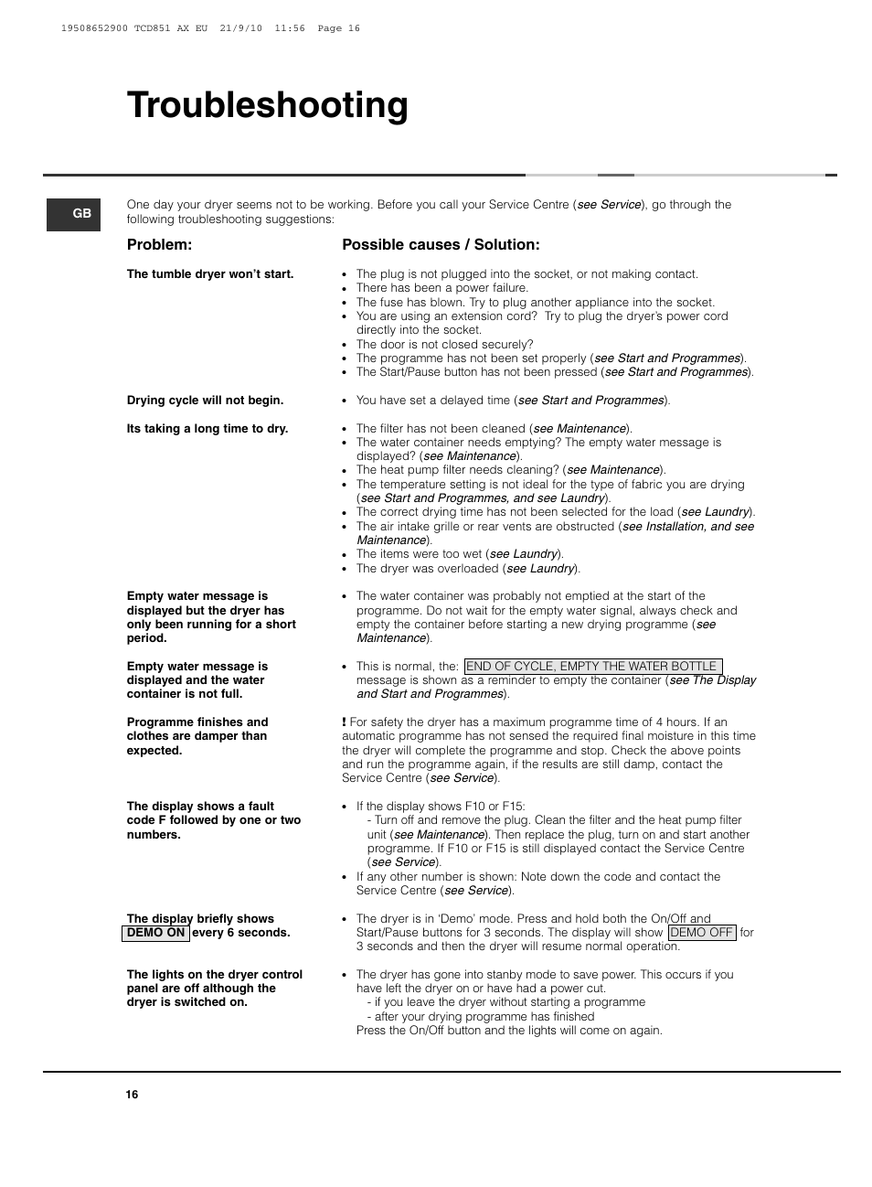 Troubleshooting, Possible causes / solution, Problem | Hotpoint Ariston TCD 851 AX User Manual | Page 16 / 88