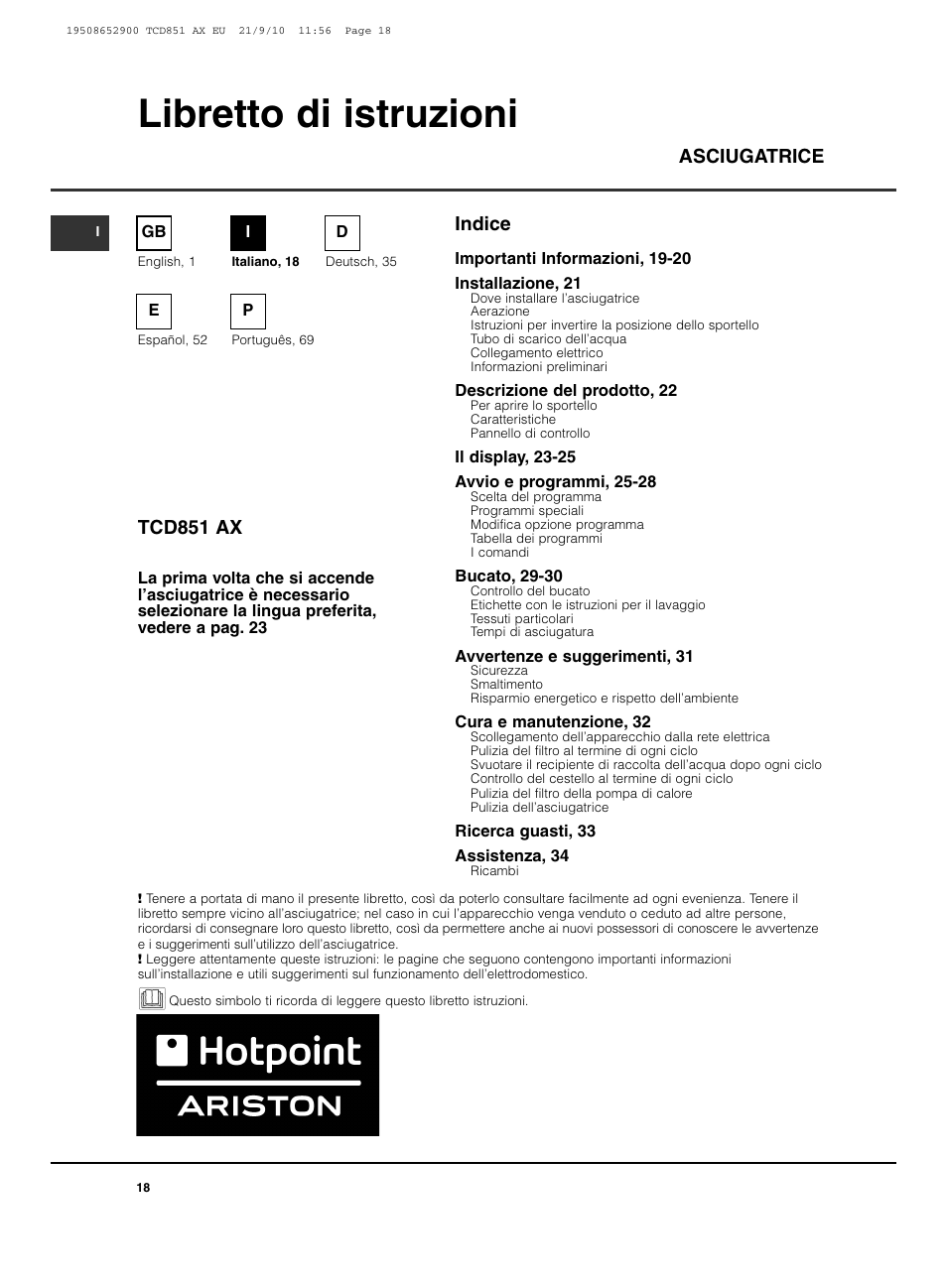 Libretto di istruzioni, Tcd851 ax, Asciugatrice | Indice | Hotpoint Ariston TCD 851 AX User Manual | Page 18 / 88