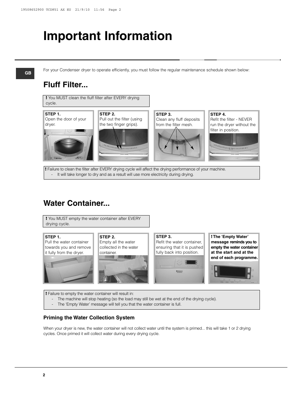 Important information, Fluff filter, Water container | Hotpoint Ariston TCD 851 AX User Manual | Page 2 / 88