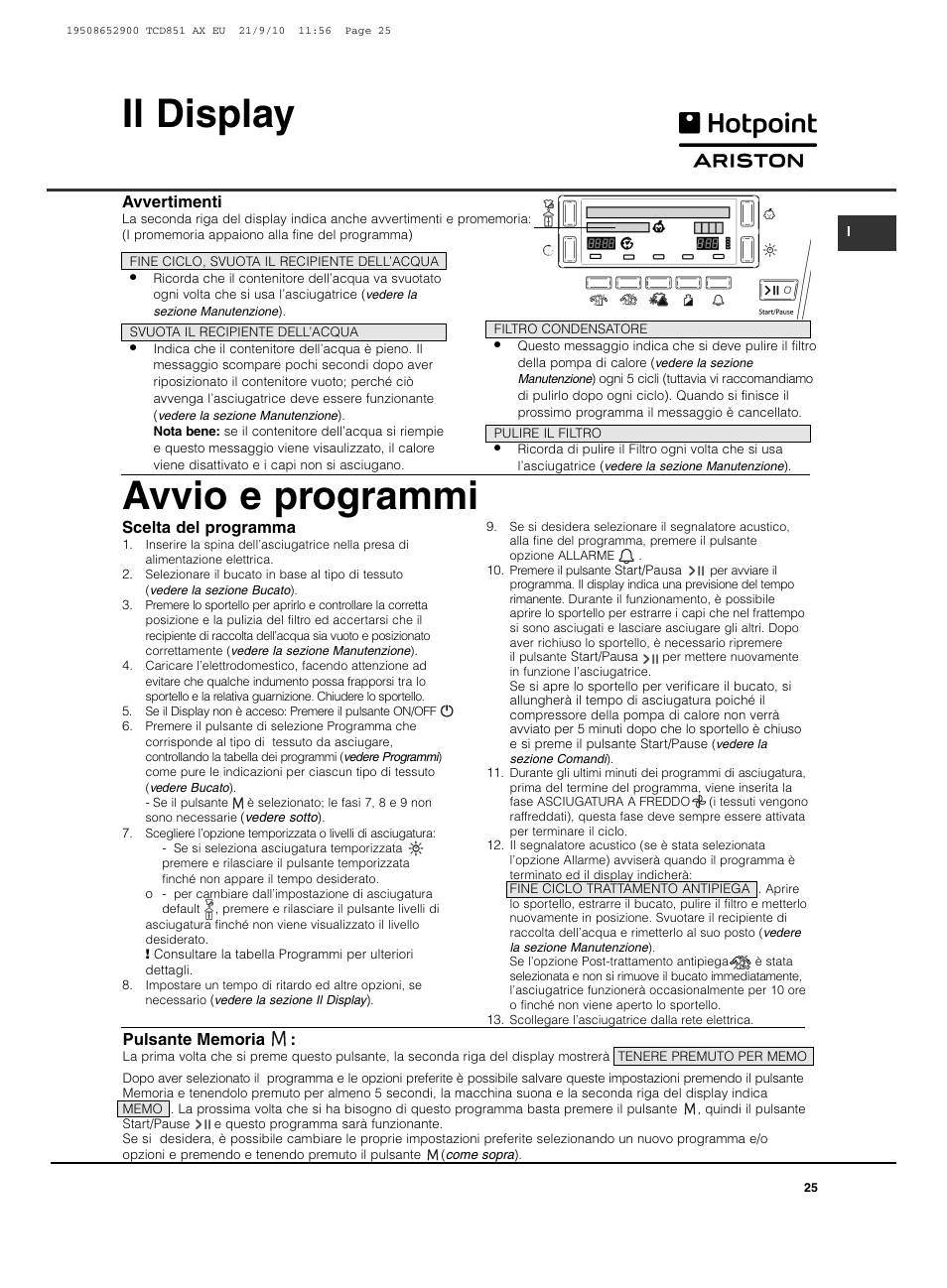 Il display avvio e programmi | Hotpoint Ariston TCD 851 AX User Manual | Page 25 / 88