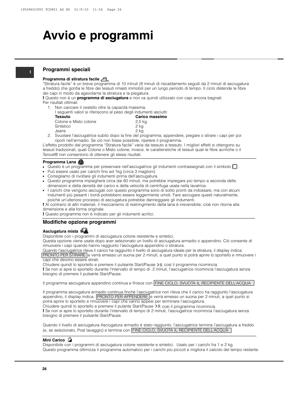 Avvio e programmi | Hotpoint Ariston TCD 851 AX User Manual | Page 26 / 88