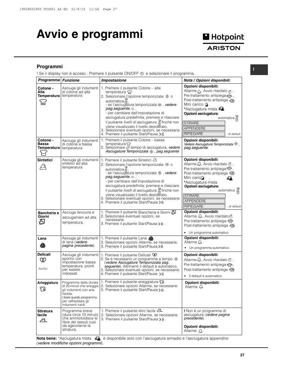 Avvio e programmi, Programmi | Hotpoint Ariston TCD 851 AX User Manual | Page 27 / 88