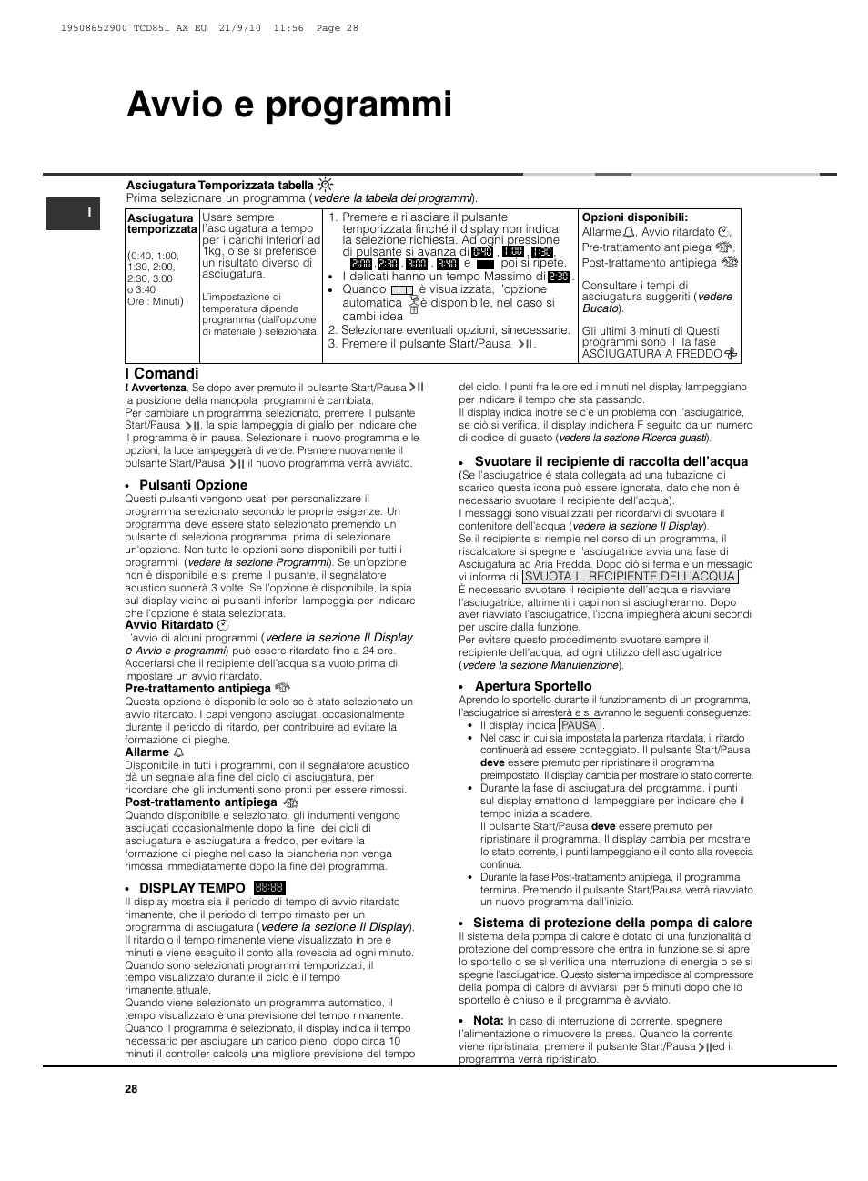 Avvio e programmi, I comandi | Hotpoint Ariston TCD 851 AX User Manual | Page 28 / 88