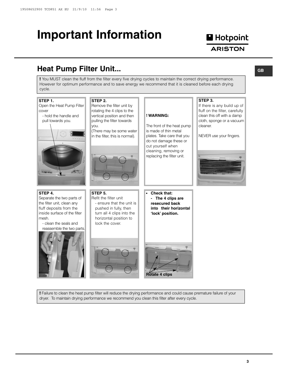 Important information, Heat pump filter unit | Hotpoint Ariston TCD 851 AX User Manual | Page 3 / 88