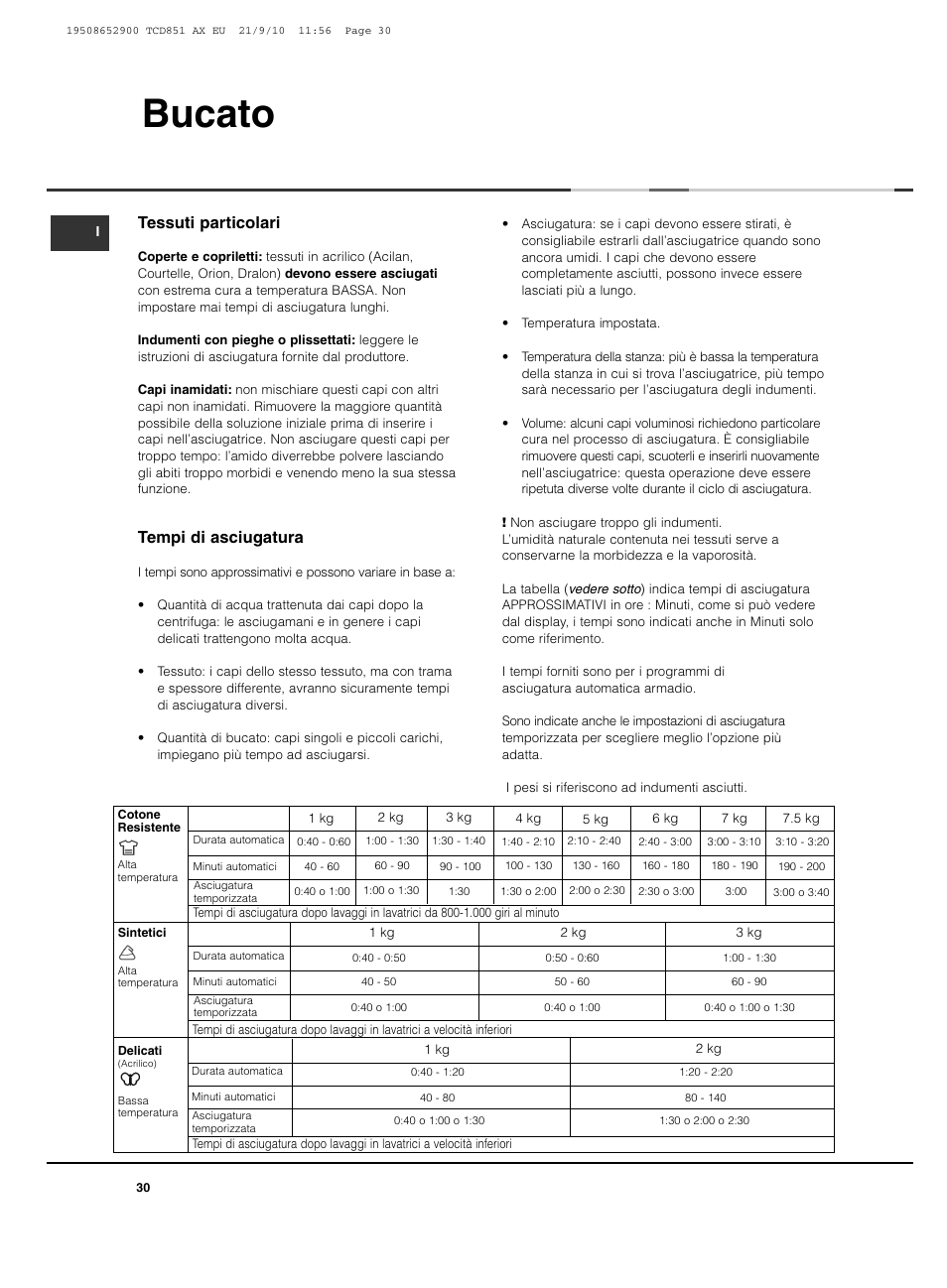 Bucato, Tessuti particolari, Tempi di asciugatura | Hotpoint Ariston TCD 851 AX User Manual | Page 30 / 88