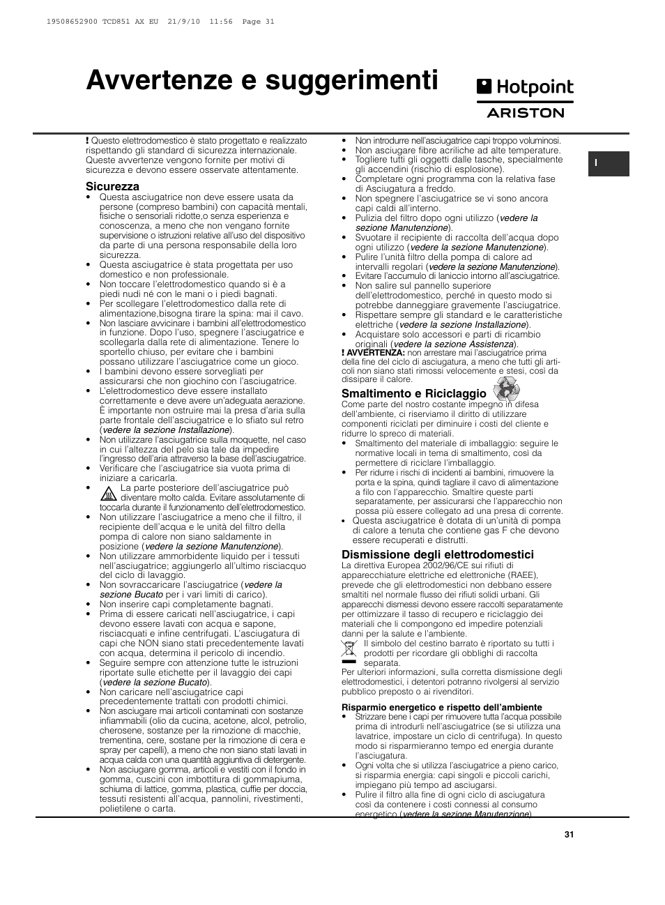 Avvertenze e suggerimenti | Hotpoint Ariston TCD 851 AX User Manual | Page 31 / 88